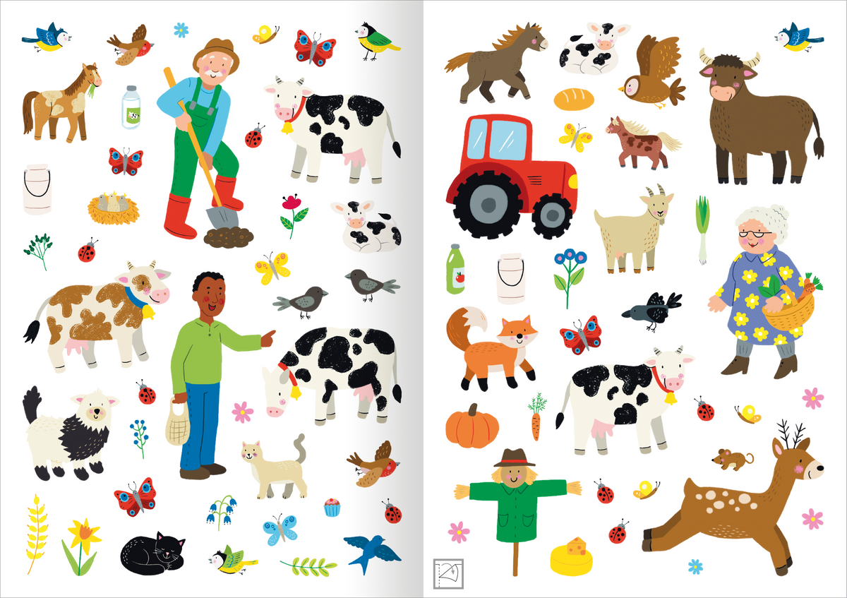 Gezeigt wird eine Innen- oder Zusatzansicht von „Meine Sticker – Bauernhoftiere“. Die Darstellung umfasst bunte Illustrationen von Tieren wie Kühen, Hühnern und Pferden, ergänzt durch glückliche Menschen, die auf einem Bauernhof aktiv sind. Ausgelassene Farben wie Grün, Rot und Gelb dominieren das Bild, während die Typografie schlicht gehalten ist. Die Szenen spiegeln ländliche Idylle und Naturverbundenheit wider, mit einer Vielzahl an liebevoll gestalteten Details wie Blumen,...