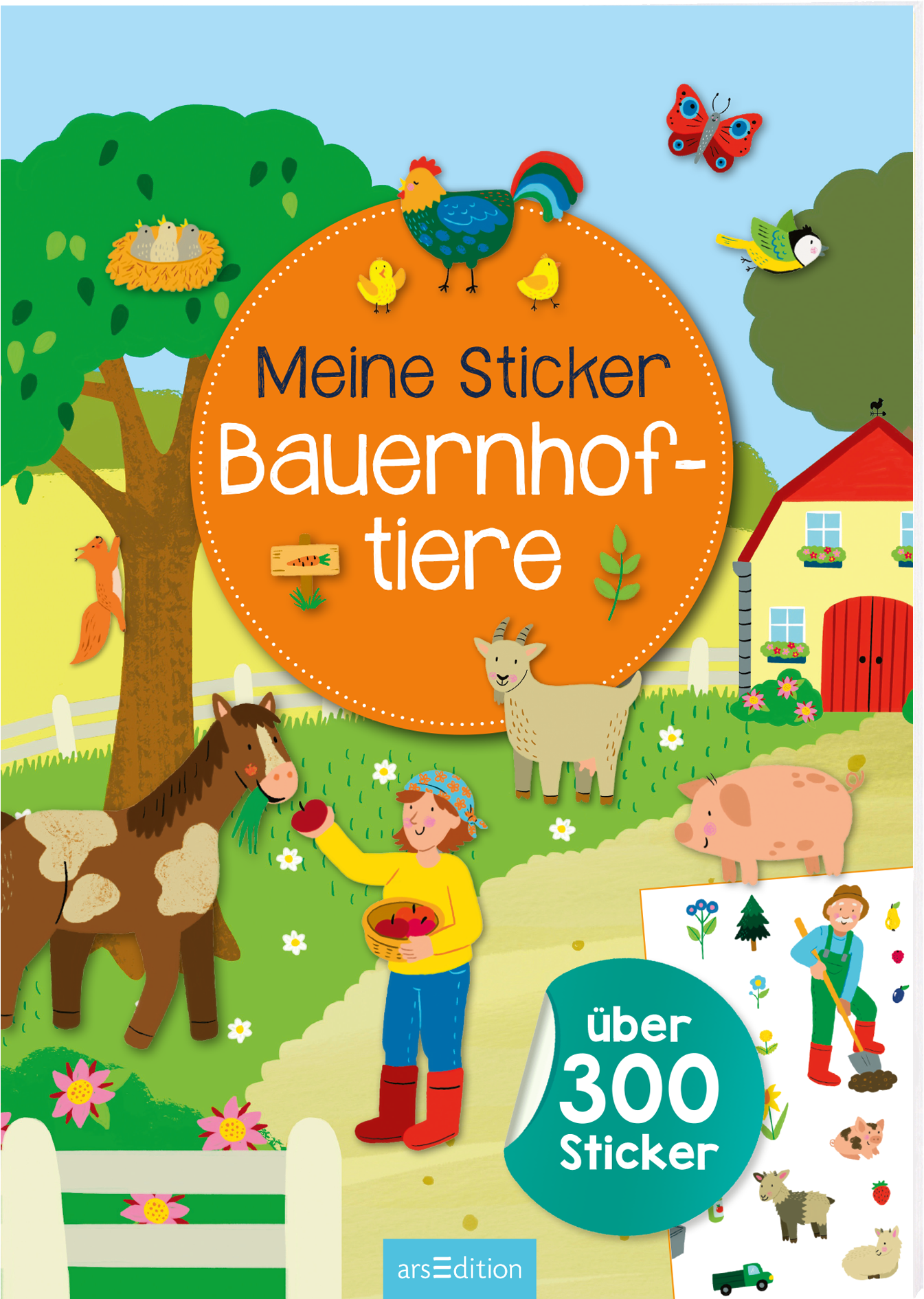 Das Buchcover zeigt eine lebendige, kinderfreundliche Illustration eines Bauernhofs. Im Mittelpunkt steht ein orangefarbener Kreis mit dem Titel „Meine Sticker Bauernhof-tiere“ in großer, fröhlicher Schrift. Umgeben von verschiedenen Bauernhoftieren wie einem Pferd, einem Schaf und einem Schwein, sowie bunten Elementen wie Schmetterlingen und Blumen, vermittelt es eine fröhliche, einladende Atmosphäre. Rechts unten befindet sich ein Stickerbogen mit der Aufschrift „über 300...