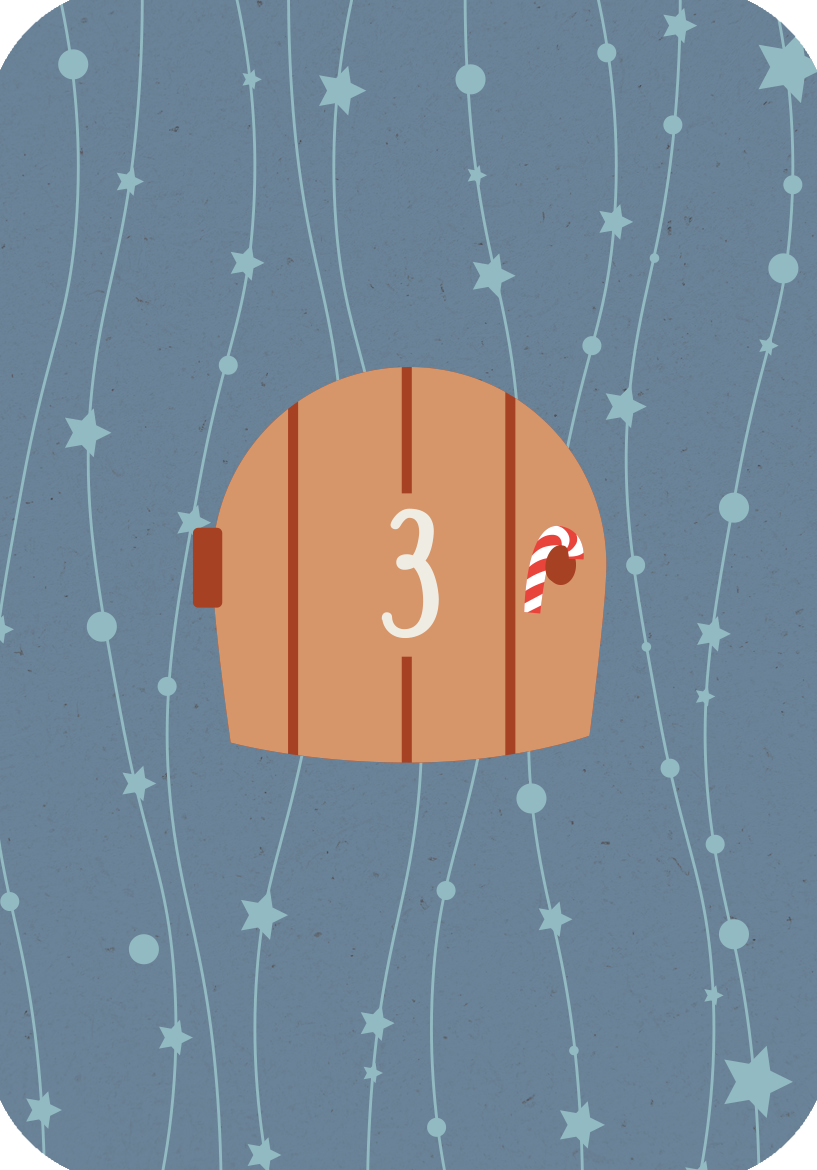 Gezeigt wird eine Innen- oder Zusatzansicht von „Wünsche von den Weihnachtswichteln“. Die Illustration zeigt eine braune, hölzerne Tür mit der Zahl „3“ in einer hellen Schrift. An der Tür hängt ein rotes Zuckerstangen-Motiv. Der Hintergrund ist in einem sanften Blau gehalten, verziert mit weißen Sternen und geschwungenen Linien, die an Schneefall erinnern. Diese festliche Gestaltung vermittelt eine einladende Weihnachtsatmosphäre.