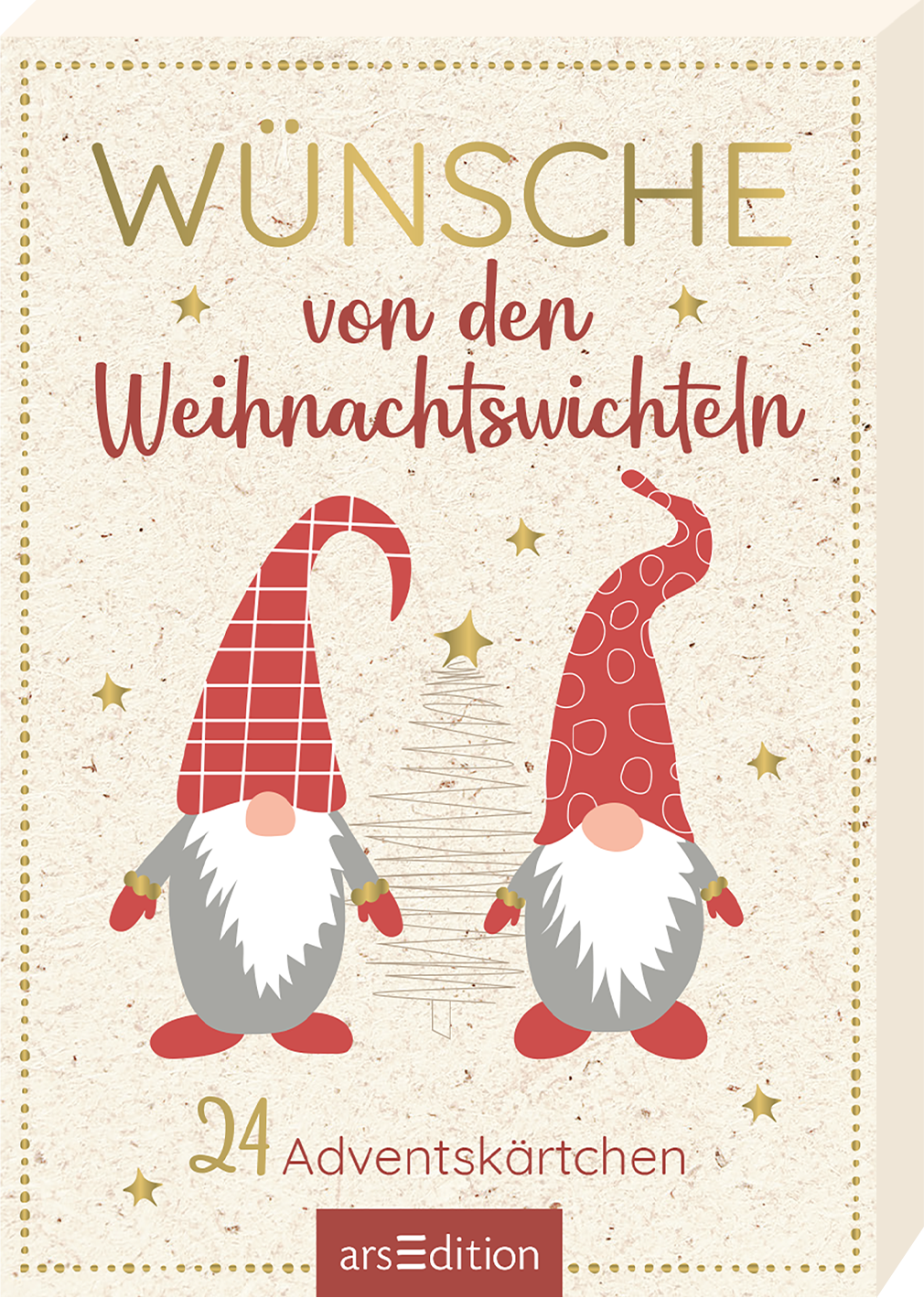 Auf dem Buchcover „Wünsche von den Weihnachtswichteln“ sind zwei niedliche Weihnachtswichtel abgebildet, die in festlichen Farben gehalten sind. Der linke Wichtel trägt eine karierte Mütze in Rot und Weiß, während der rechte Wichtel eine rote Mütze mit Punkten hat. Der Titel „WÜNSCHE“ steht in großen, goldenen Buchstaben, unter dem eine rote Schrift „von den Weihnachtswichteln“ zu sehen ist. Im unteren Bereich sind die Worte „24 Adventskärtchen“ platziert. Ganz unten...