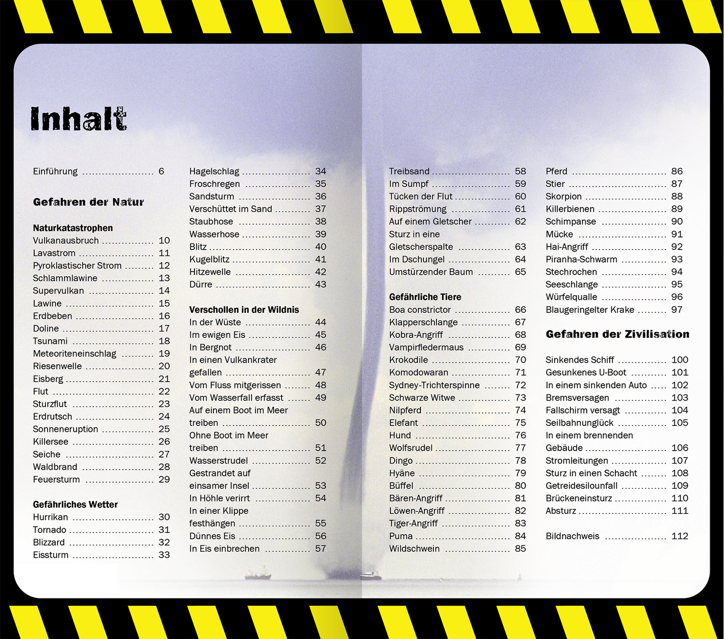 Gezeigt wird eine Innen- oder Zusatzansicht von „Die 100 gefährlichsten Dinge der Welt“. Die Doppelseite präsentiert den Inhaltsverzeichnis in klarer, gut lesbarer Schriftart. Der Hintergrund ist in sanften Grautönen gehalten, während gelbe Warnhinweise mit schwarzen Streifen prominent platziert sind. Die verschiedenen Kategorien sind deutlich voneinander getrennt und ermöglichen eine schnelle Orientierung zu den Themen, die von Naturgefahren bis zu zivilisatorischen Bedrohungen...