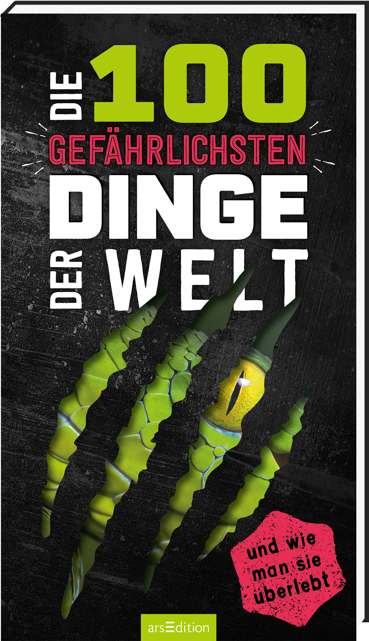 Das Buchcover zeigt auf schwarzem Hintergrund den Titel „Die 100 gefährlichsten Dinge der Welt“ in großen, auffälligen Buchstaben. Die Zahl „100“ ist in leuchtendem Gelb, während „gefährlichsten“ in Rot hervorgehoben ist. Unter dem Titel steht in weißer Schrift „Dinge der Welt“. Links sind durch Kratzspuren in leuchtendem Grün und Gelb Akzente gesetzt. Unten links befindet sich ein roter Button mit dem Text „und wie man sie überlebt“. Ganz unten mittig steht der...