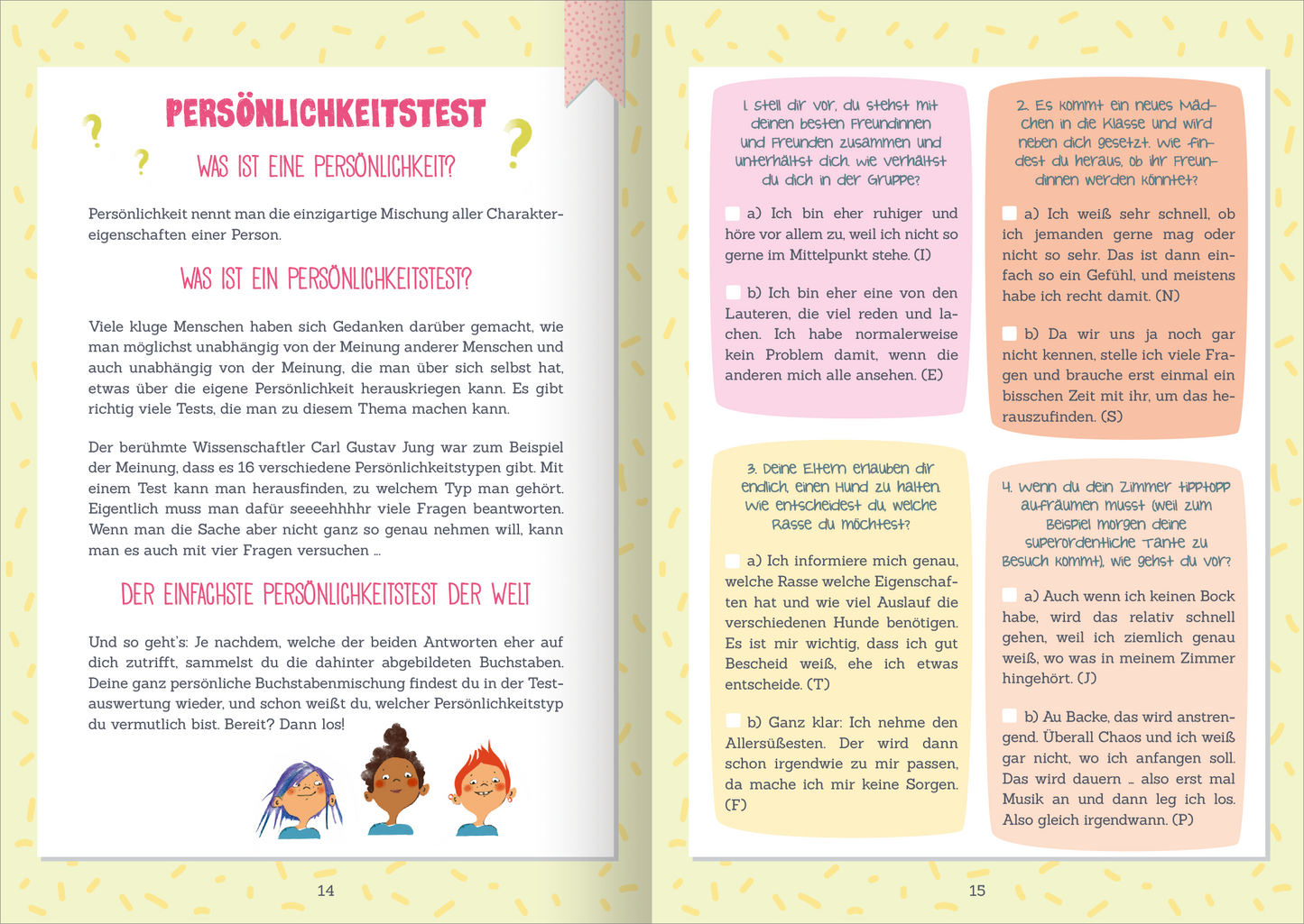 Gezeigt wird eine Innen- oder Zusatzansicht von „Du bist 100 % richtig!“. Die Seiten sind in sanften, pastelartigen Farben gestaltet, mit einer harmonischen Kombination aus Blau, Rosa und Gelb. Die Typografie ist freundlich und gut leserlich, mit größeren Überschriften in einer verspielten Schriftart. Textblöcke sind klar strukturiert, um die Inhalte übersichtlich darzustellen. Illustrationen von drei Personen ergänzen den Text und unterstützen die Themenvielfalt des Buches.