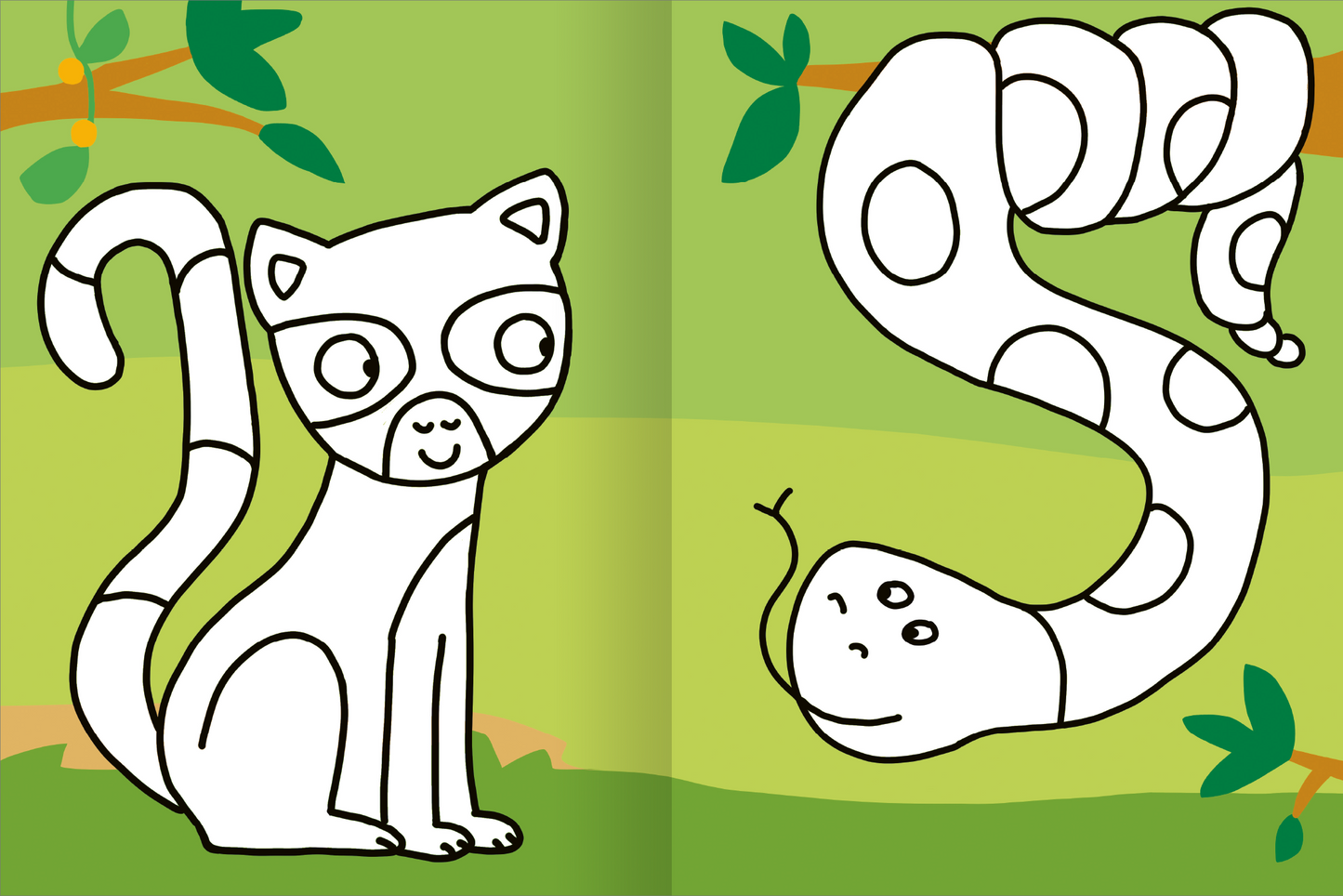 Gezeigt wird eine Innen- oder Zusatzansicht von „Mein allererstes großes Malbuch – Tiere“. Auf der linken Seite ist eine niedliche Katze mit großen Augen und einem geschwungenen Schwanz abgebildet, die in schwarz-weiß gehalten ist. Rechts zieht eine freundlich lächelnde Schlange in ähnlicher Farbgebung die Aufmerksamkeit auf sich. Der bunte Hintergrund in verschiedenen Grüntönen wird durch stilisierte Blätter ergänzt, die das lebendige, spielerische Design des Buches...