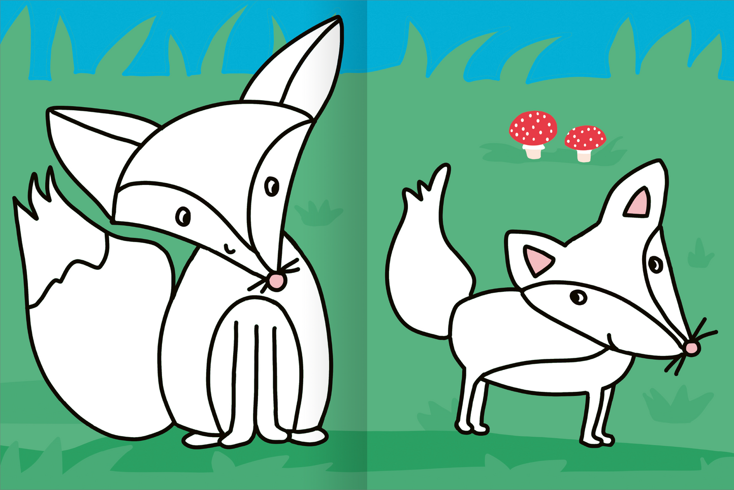 Gezeigt wird eine Innen- oder Zusatzansicht von „Mein allererstes großes Malbuch – Tiere“. Die Illustration zeigt zwei niedliche, cartoonhafte Füchse auf grünem Hintergrund. Der linke Fuchs sitzt mit großen, runden Augen und hat eine ausgeprägte Schnauze. Der rechte Fuchs steht aufrecht und hat ähnlich große Augen. Im Hintergrund erscheinen stilisierte Grashalme und zwei rote Fliegenpilze, die dem Gesamtbild eine fröhliche, bunte Atmosphäre verleihen. Die Linien sind dick und...