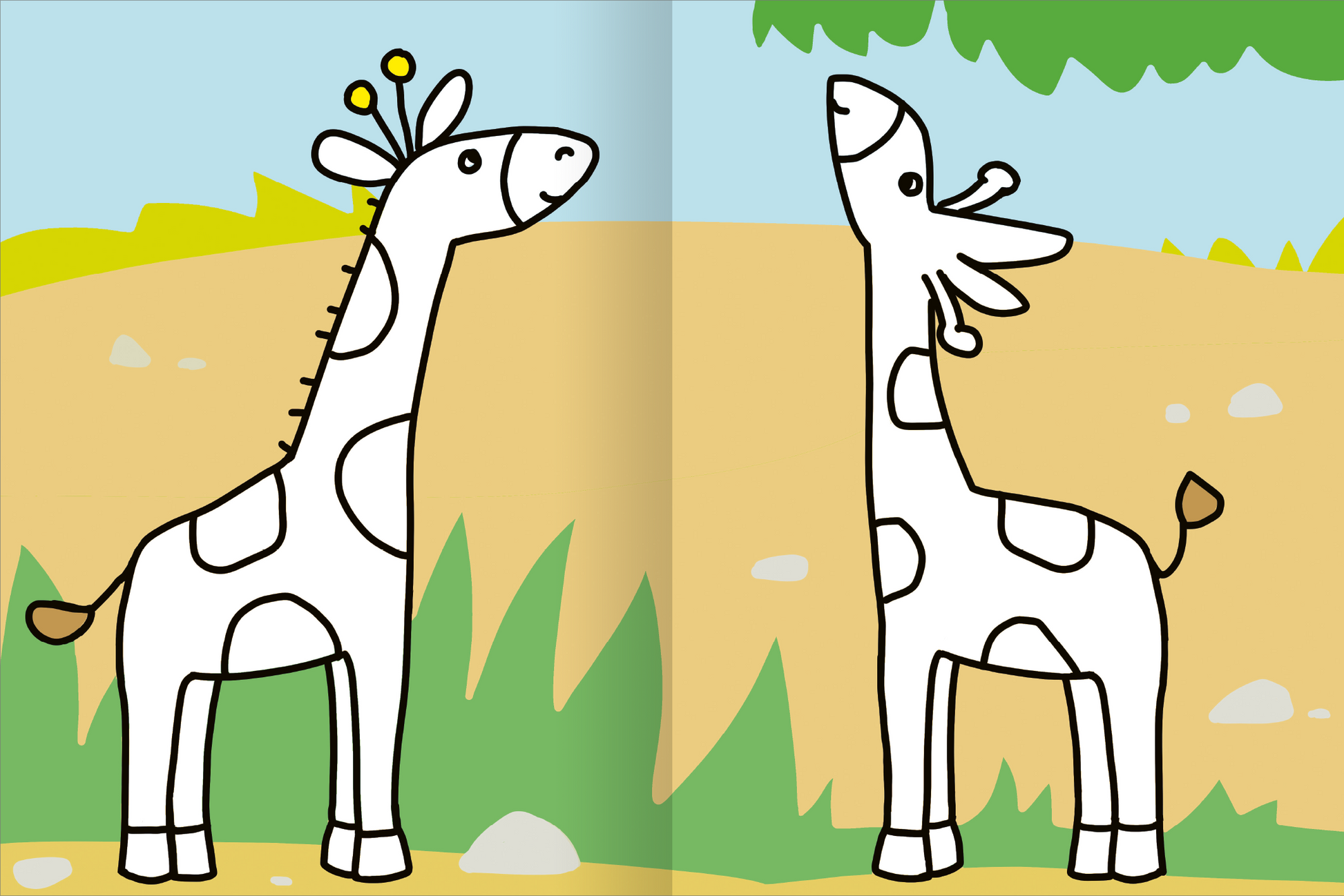 Gezeigt wird eine Innen- oder Zusatzansicht von „Mein allererstes großes Malbuch – Tiere“. Die Illustration zeigt zwei dünne, cartoonhafte Giraffen, die freundlich lächeln. Sie sind in Weiß mit großen, runden, schwarzen Flecken gestaltet. Die Giraffe links hat gelbe Punkte auf ihrem Kopf, während die rechte Giraffe den Kopf in den Himmel streckt. Im Hintergrund sind sanfte grüne Böden und ein blauer Himmel mit Wolken zu erkennen, die eine freundliche und einladende Atmosphäre...