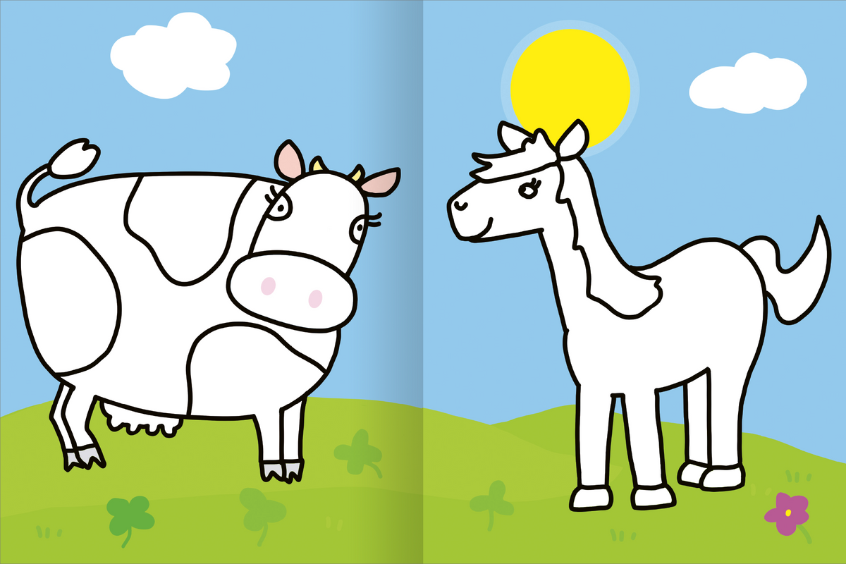 Gezeigt wird eine Innen- oder Zusatzansicht von „Mein allererstes großes Malbuch – Tiere“. Die Illustration zeigt eine freundliche Kuh und ein Pferd, die in einer bunten, einfachen Zeichnungsweise dargestellt sind. Die Farben sind hell und fröhlich mit einem blauen Himmel, einer strahlenden Sonne und grünen Wiesen. Die Typografie ist klar und kindgerecht, was die Ansprache für junge Malerinnen und Maler unterstützt.