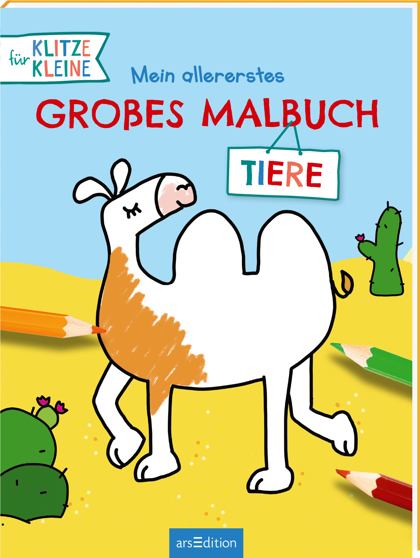 Das Buchcover zeigt einen fröhlich gezeichneten, weißen Kamel mit einem braunen Fleck. Der Hintergrund ist himmelblau mit einer gelben Sandfläche, auf der grüne Kaktusse wachsen. Oben mittig steht in rot „Mein allererstes GROßES MALBUCH“ und darunter in weiß „TIERE“ in einem kleinen, rechteckigen Schild. Bunte Buntstifte sind am unteren Rand sichtbar. Ein „SPIEGEL-Bestseller“-Button ist ebenfalls vorhanden. Ganz unten mittig steht der Logoschriftzug von arsEdition.