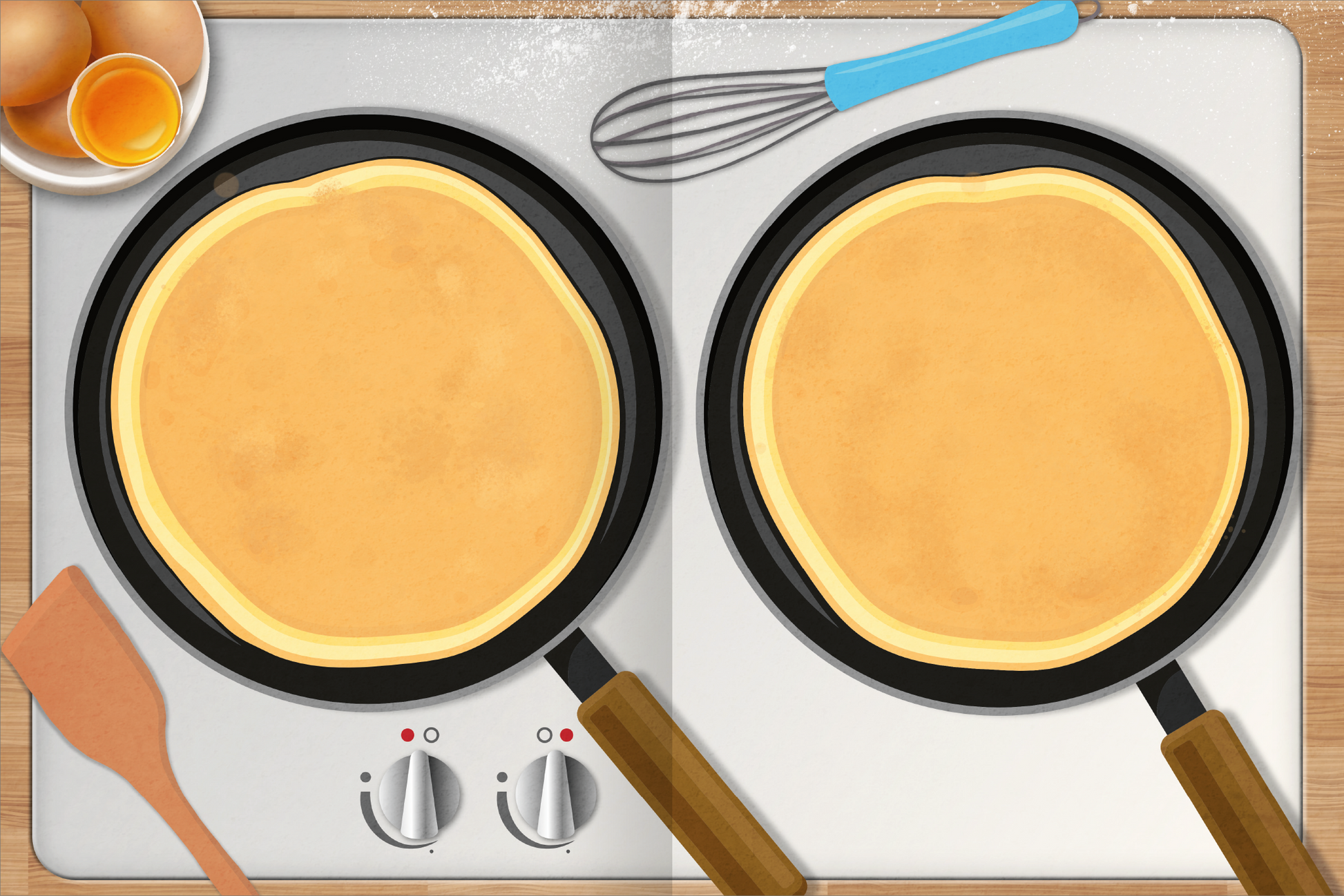 Gezeigt wird eine Innen- oder Zusatzansicht von „Erstes Stickern – Lieblingsessen“. Die Abbildung zeigt zwei Pfannkuchen auf einer Herdplatte in schwarzen Pfannen. Der Hintergrund ist hellbraun und vermittelt eine gemütliche Atmosphäre. Links sind Eier und ein Schneebesen zu sehen, rechts ein Holzspatel. Die Farben sind warm und einladend, die Typografie ist freundlich und kindgerecht gestaltet.