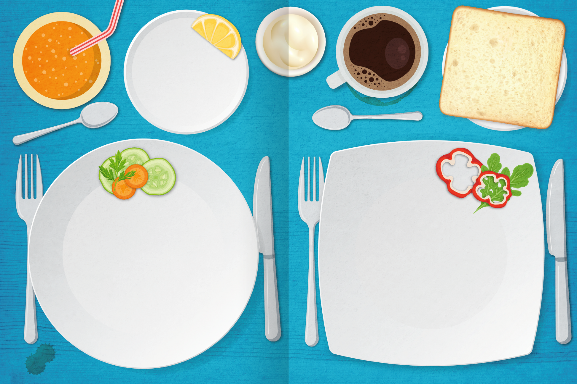 Gezeigt wird eine Innen- oder Zusatzansicht von „Erstes Stickern – Lieblingsessen“. Die Illustration zeigt eine helle, einladende Tischplatte in aquablau. Links sind ein flacher, weißer Teller mit buntem Gemüse und einem Löffel, sowie ein Glas mit orangem Getränk zu sehen. Rechts befindet sich ein weiterer, leerer, quadratischer Teller mit einem Stück Brot und einer Tasse Kaffee. Auf beiden Tellern sind keine Speisen, was die Vorstellung von Essen anregt. Die Typografie ist verspielt...