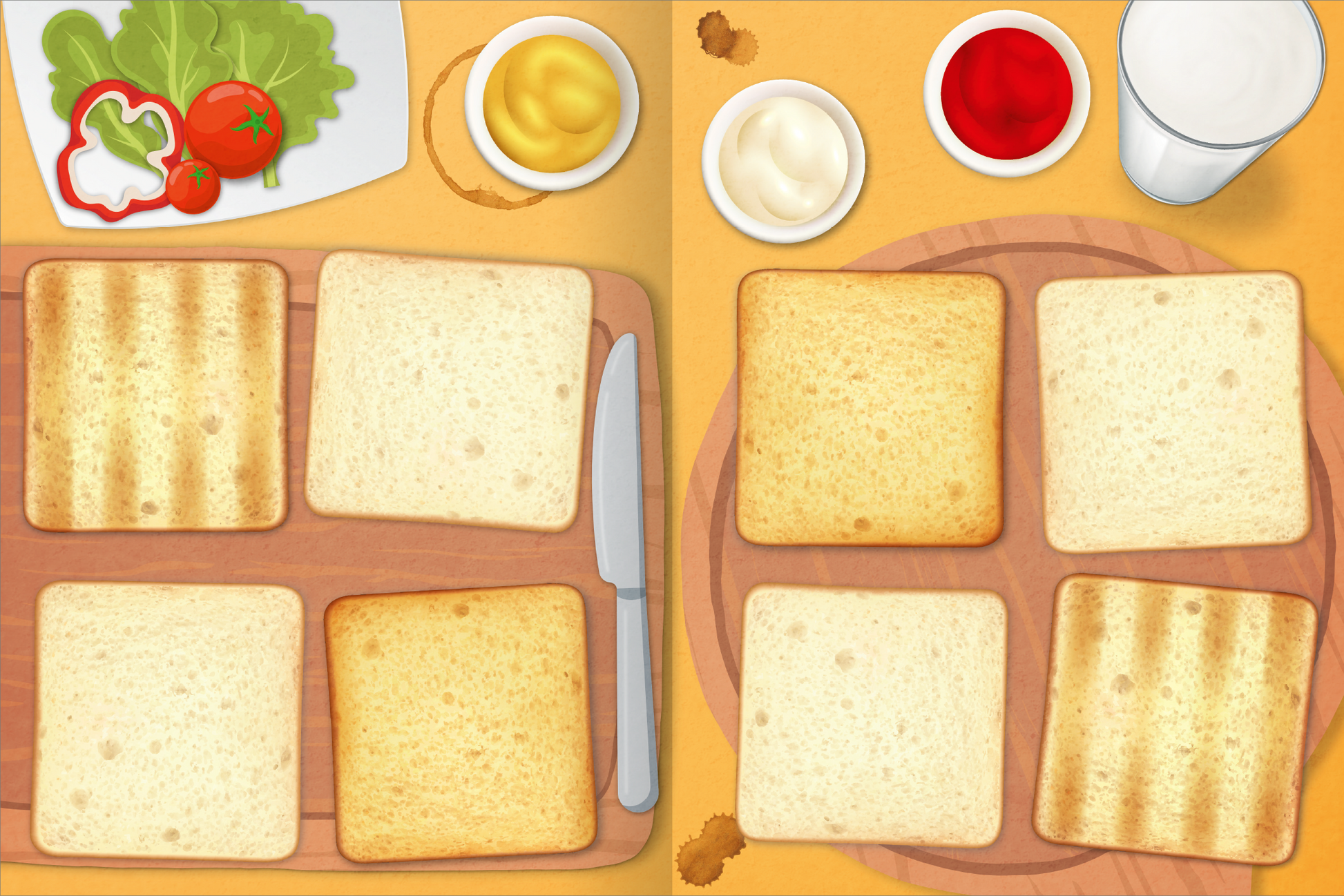 Gezeigt wird eine Innen- oder Zusatzansicht von „Erstes Stickern – Lieblingsessen“. Auf einem hellen Holztisch liegen zwei Brotscheiben nebeneinander, die eine mit Grillstreifen. Darüber befinden sich mehrere Schalen mit verschiedenen Saucen (Senf, Ketchup, Mayonnaise) und ein Glas Milch. Im Hintergrund sind frische Zutaten wie Salat, Tomaten und Paprika sichtbar, alles vor einem leuchtend gelben Hintergrund. Die Schrift ist freundlich und verspielt, passend zum Thema Essen.