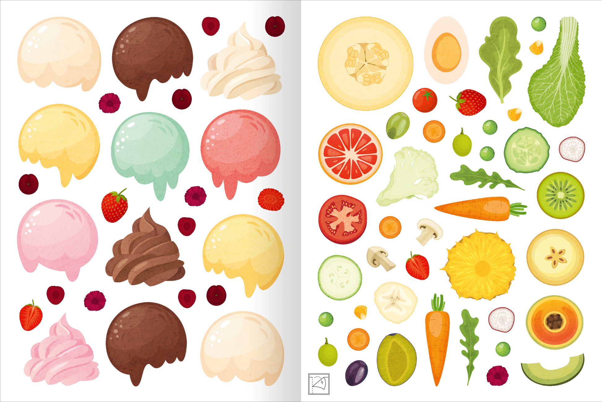 Gezeigt wird eine Innen- oder Zusatzansicht von „Erstes Stickern – Lieblingsessen“. Die Seite präsentiert farbenfrohe Illustrationen von verschiedenen Speisen. Auf der linken Seite sind in Pastellfarben gestaltete Eiskugeln in rosa, mintgrün, braun und gelb sowie kleine Erdbeeren und Himbeeren angeordnet. Die rechte Seite zeigt eine Vielzahl an gesunden Lebensmitteln, darunter Gemüse, Obst und Eier, in lebendigen Farben wie Gelb, Orange, Grün und Rot, umrahmt von Weiß. Die...