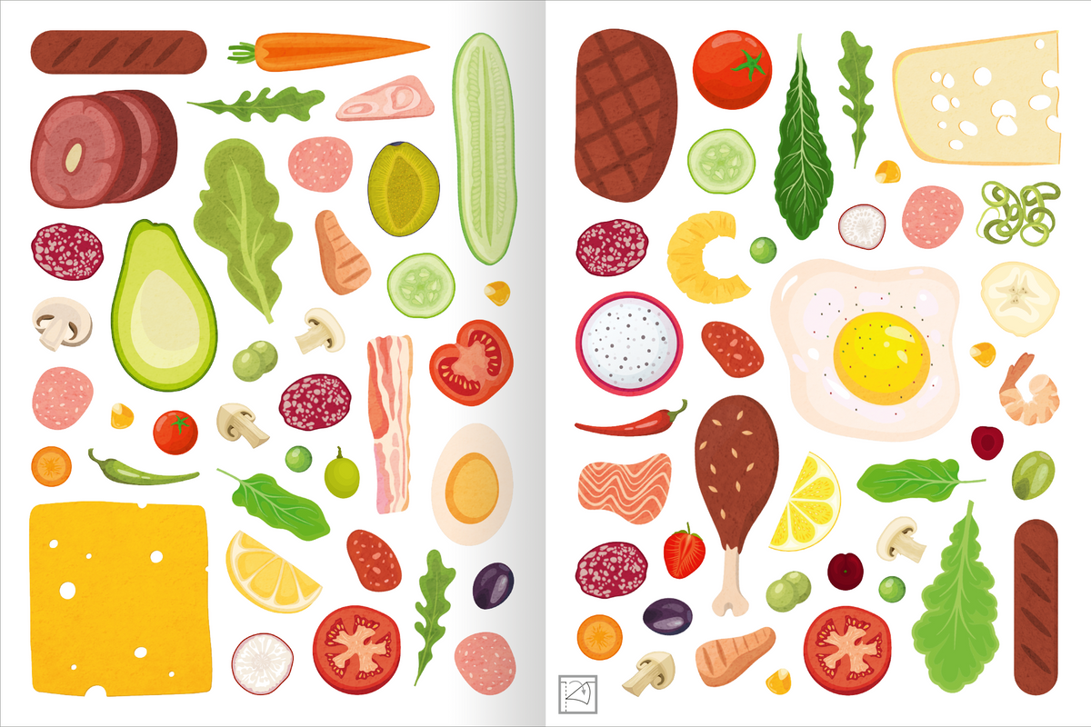 Gezeigt wird eine Innen- oder Zusatzansicht von „Erstes Stickern – Lieblingsessen“. Die Illustration zeigt eine Vielzahl von Lebensmitteln in bunten Farben, darunter rote Tomaten, grüne Blätter, gelbe Käse- und Wurstscheiben sowie verschiedene Gemüsesorten wie Karotten und Gurken. Die Typografie ist verspielt und kindgerecht, die Elemente sind klar und fröhlich gestaltet. Der hellweiße Hintergrund hebt die Farben der Nahrungsmittel zusätzlich hervor.