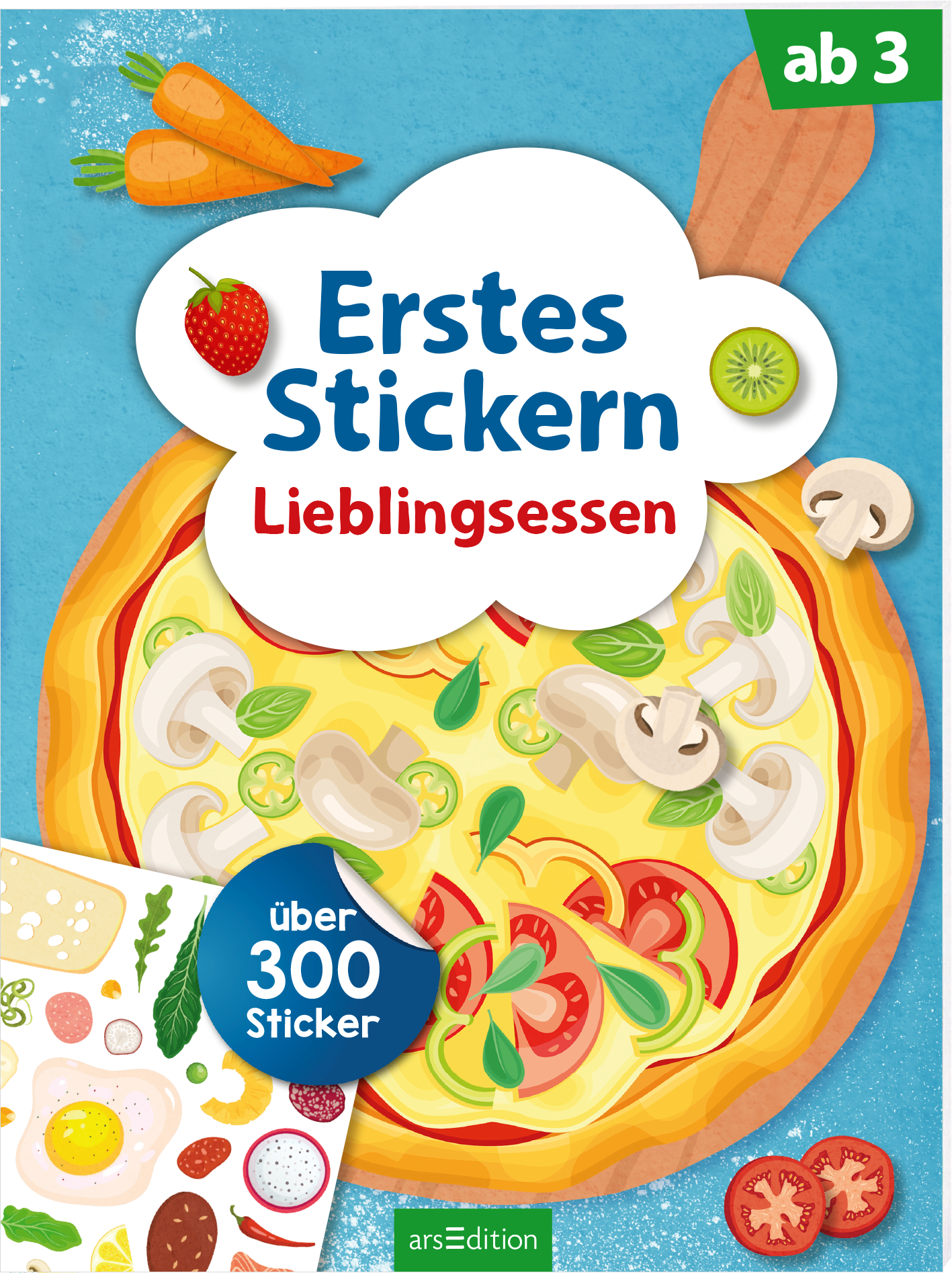 Das Buchcover zeigt eine bunte, kinderfreundliche Illustration, die eine Pizza mit verschiedenen Belägen darstellt. Im Vordergrund sind frische Zutaten wie Tomaten, Pilze und Basilikum zu sehen. Der Titel „Erstes Stickern Lieblingsessen“ ist prominent in blauer Schrift auf einem weißen Sprechblasen-Hintergrund platziert. Oben rechts befindet sich ein grünes Etikett mit der Aufschrift „ab 3“. Ein Hinweis auf „über 300 Sticker“ ist in einem blauen Kreis zu finden. Ganz unten...