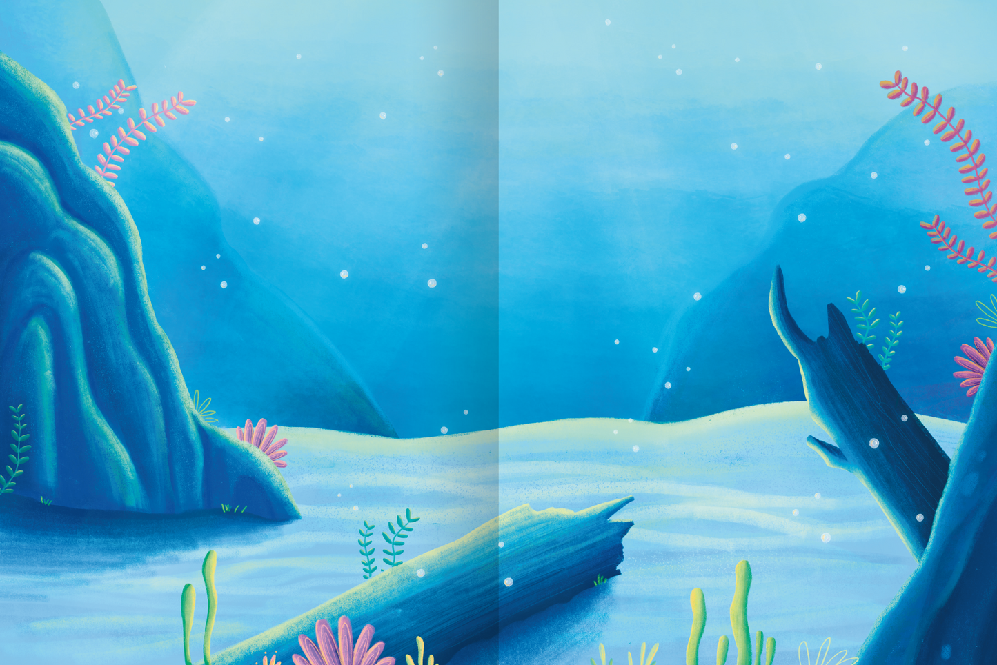 Gezeigt wird eine Innen- oder Zusatzansicht von „Erstes Stickern Metallic – Dinosaurier“. Die illustration zeigt eine unterwasserähnliche Landschaft in verschiedenen Blautönen. Überall sind dezente Wasserpflanzen in Rosa und Grün verteilt. Im Zentrum erstreckt sich ein ruhiger Meeresboden, auf dem ein Stamm liegt. Die gesamte Komposition vermittelt eine sanfte, verträumte Atmosphäre, ideal für künstlerische Sticker.