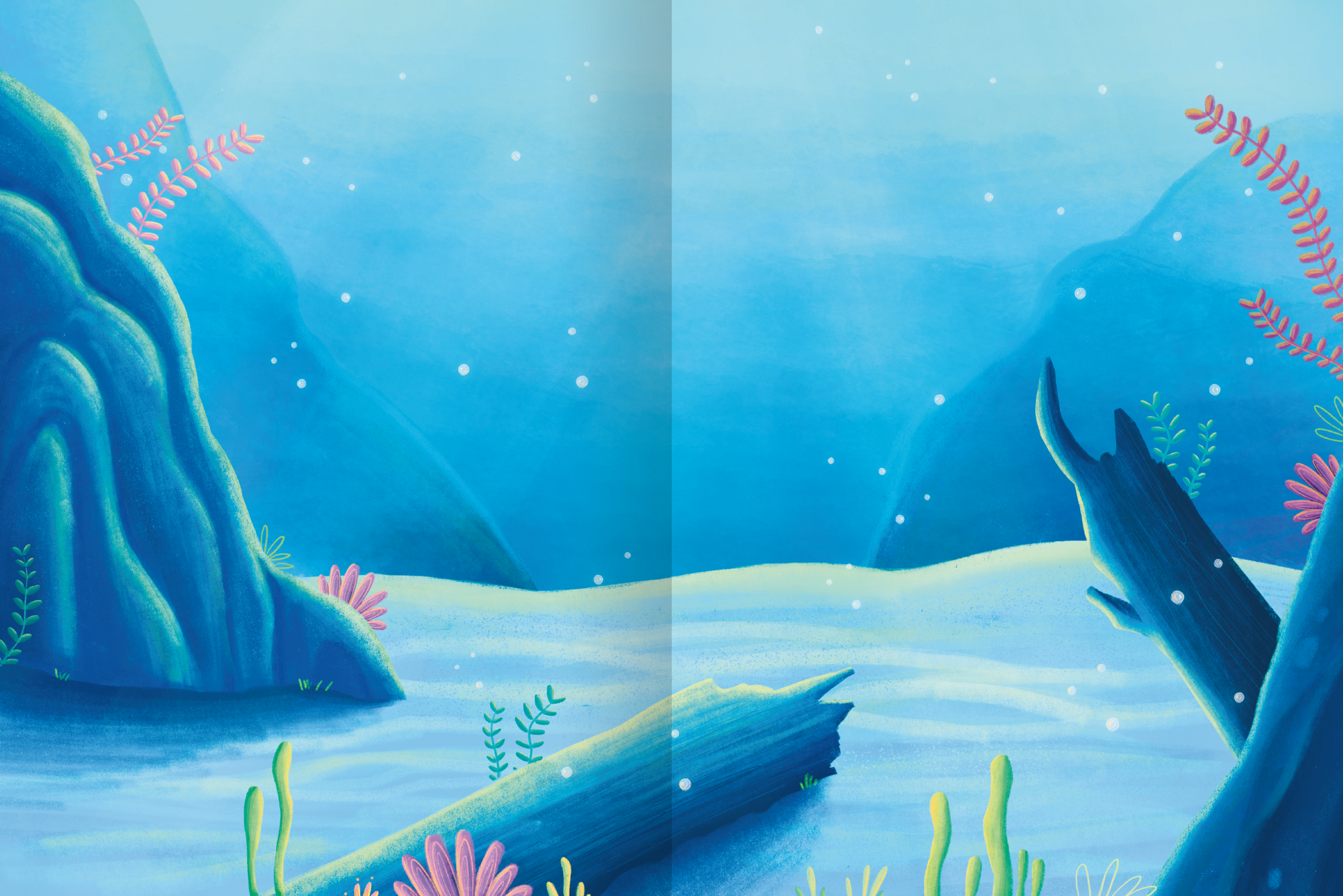 Gezeigt wird eine Innen- oder Zusatzansicht von „Erstes Stickern Metallic – Dinosaurier“. Die illustration zeigt eine unterwasserähnliche Landschaft in verschiedenen Blautönen. Überall sind dezente Wasserpflanzen in Rosa und Grün verteilt. Im Zentrum erstreckt sich ein ruhiger Meeresboden, auf dem ein Stamm liegt. Die gesamte Komposition vermittelt eine sanfte, verträumte Atmosphäre, ideal für künstlerische Sticker.