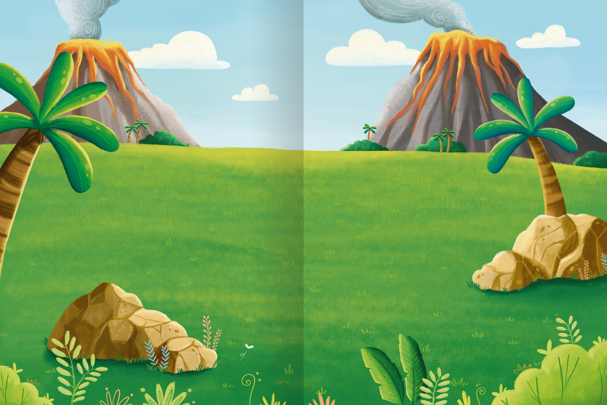 Gezeigt wird eine Innen- oder Zusatzansicht von „Erstes Stickern Metallic – Dinosaurier“. Die Illustration zeigt eine lebendige Landschaft mit grünen Wiesen, palmähnlichen Bäumen und großen, bunten Vulkanen im Hintergrund. Der Himmel ist klar mit vereinzelten weißen Wolken. Rote, orange und graue Farben dominieren die Vulkanlandschaft, während sanfte Grüntöne die Wiese einnehmen. Die Bildsprache ist freundlich und einladend, ideal für Kinder.