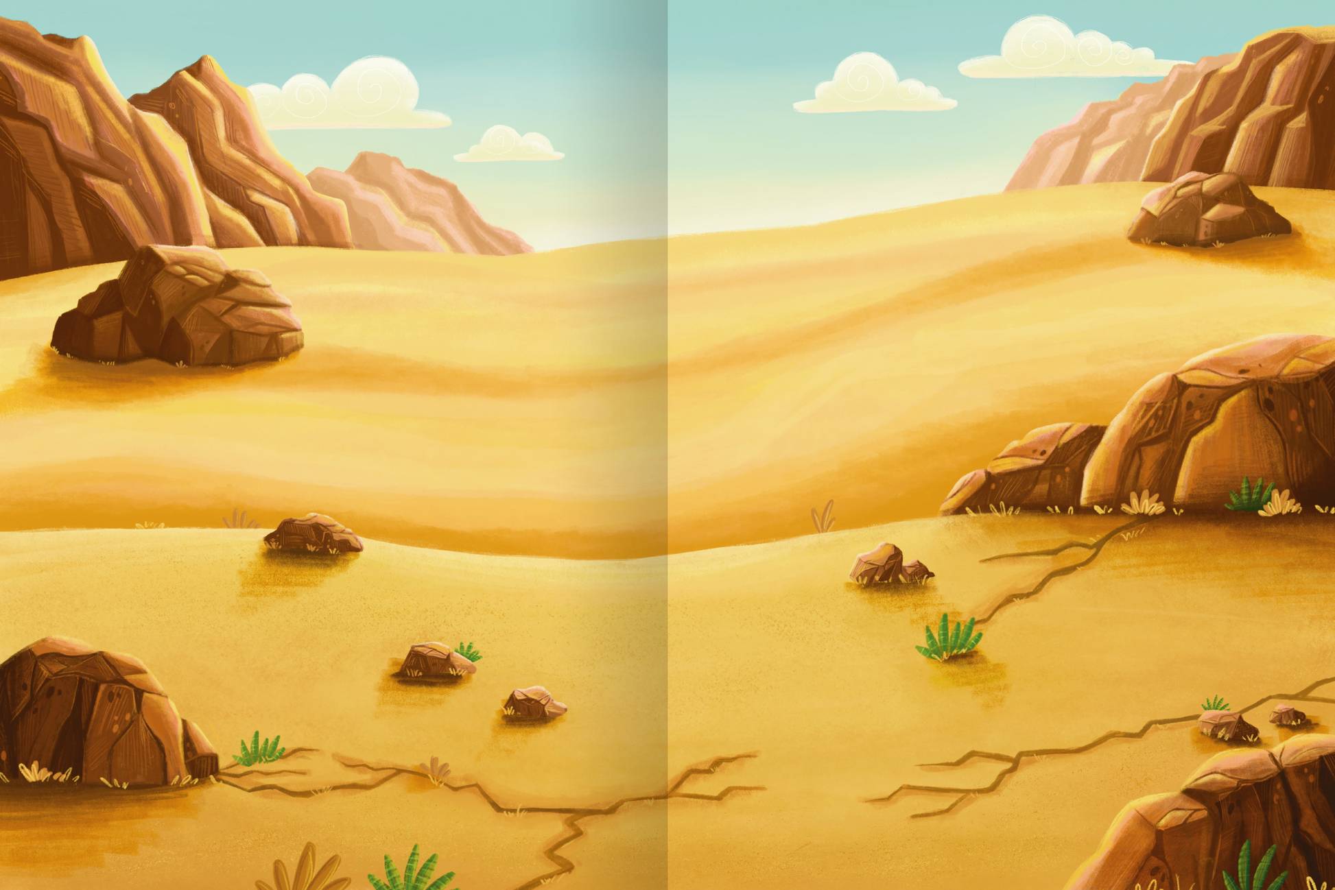 Gezeigt wird eine Innen- oder Zusatzansicht von „Erstes Stickern Metallic – Dinosaurier“. Die Illustration zeigt eine weitläufige, sandige Landschaft mit felsigen Hügeln und verstreuten Steinen in Erdtönen. Im Hintergrund sind vereinzelte, stilisierte Berge zu sehen, während der Himmel in einem hellen Blau mit weißen Wolken verläuft. Die Abbildung vermittelt eine friedliche Atmosphäre und eignet sich gut für kreative Stickeraktivitäten.