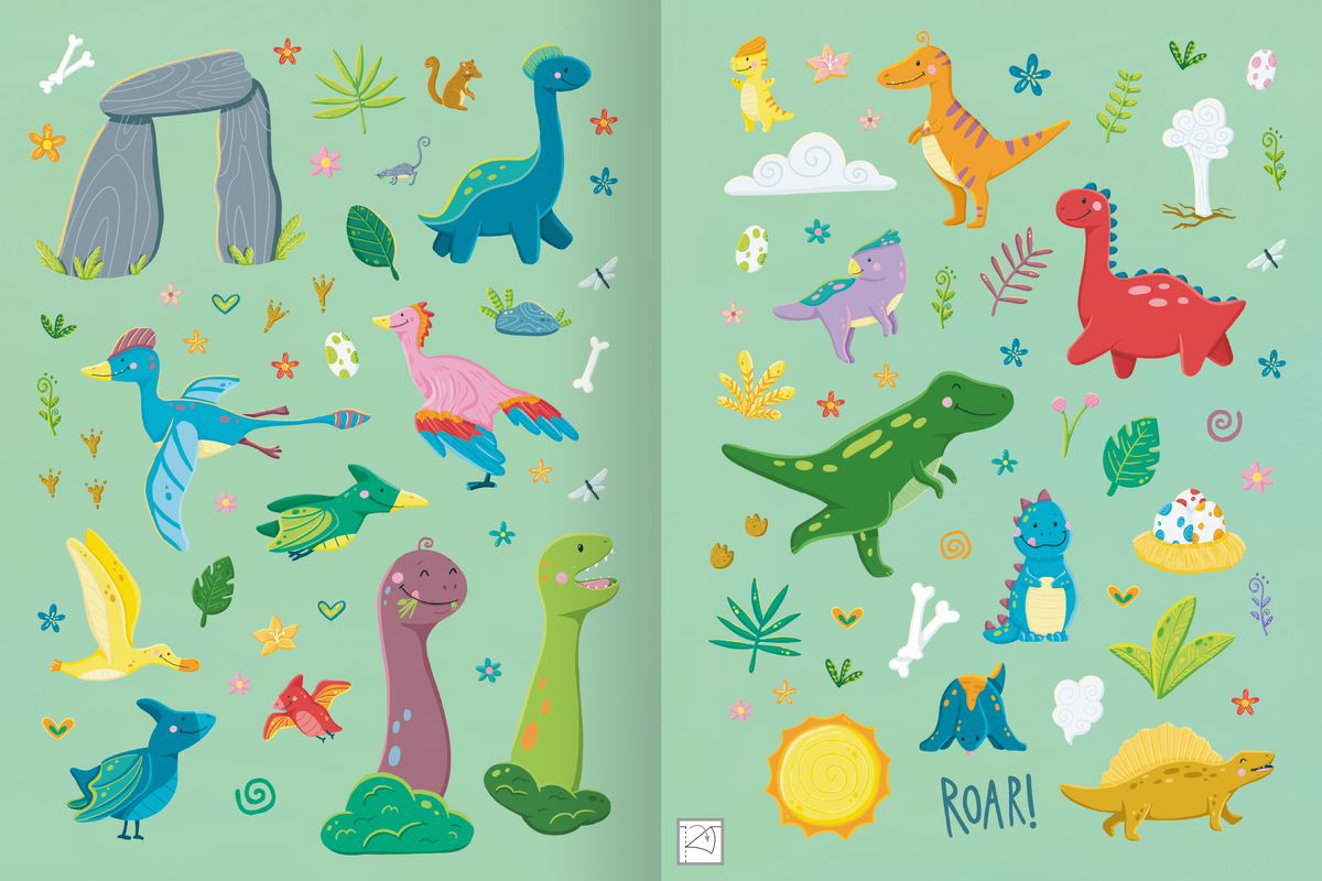 Gezeigt wird eine Innen- oder Zusatzansicht von „Erstes Stickern Metallic – Dinosaurier“. Die Seite präsentiert eine Vielzahl bunter Dinosaurier-Sticker auf einem sanft grünen Hintergrund. Farbige Illustrationen zeigen Dinosaurier in verschiedenen Formen und Größen, ergänzt durch Blumen, Blätter und zusätzliche Motive wie Sonne und Wolken. Die Schrift „ROAR!“ ist in einer verspielten, auffälligen Typografie gehalten. Insgesamt strahlt die Gestaltung Freude und Abenteuerlust...