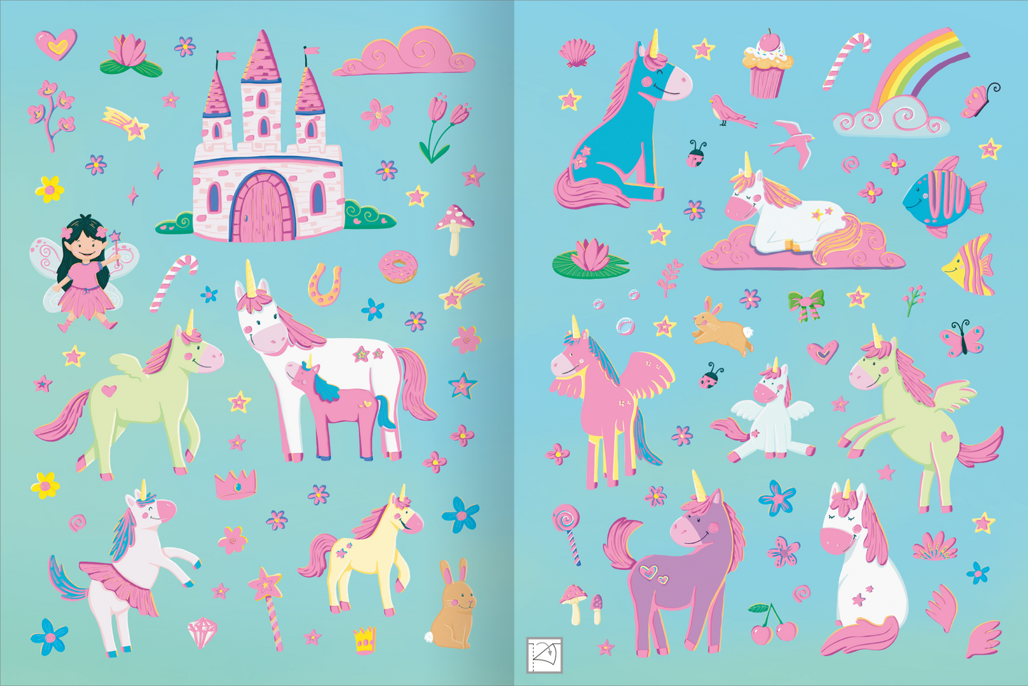Gezeigt wird eine Innen- oder Zusatzansicht von „Erstes Stickern Metallic – Einhörner“. Die Seite präsentiert eine lebendige Auswahl an Aufklebern mit verschiedenen Einhörnern in Pastellfarben wie Rosa und Hellblau. Es gibt ein Schloss, Blumen, Sternchen, Kronen sowie Feen, Einhörner und Pegasi. Die Gesamtästhetik ist fröhlich und märchenhaft, ideal für Kinder.