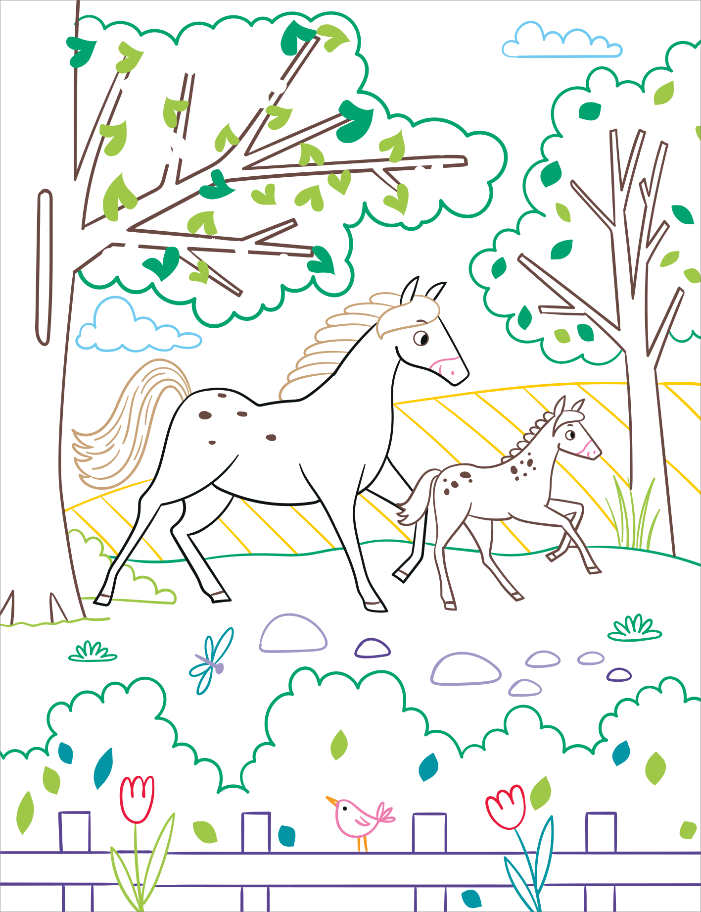 Gezeigt wird eine Innen- oder Zusatzansicht von „Zauberbilder – Pferde und Ponys“. Die Illustration zeigt ein erwachsenes Pferd mit seinem Fohlen, die in einer Landschaft mit Bäumen und Wiesen umherlaufen. Die Farben sind sanft und pastellig, mit dominierenden Grüntönen, zartem Blau, und rosa Akzenten in Form von Tulpen. Die Umrisse der Tiere und der Umgebung sind klar konturiert und in unterschiedlichen Linienstärken gehalten, um eine ansprechende visuelle Struktur zu schaffen.