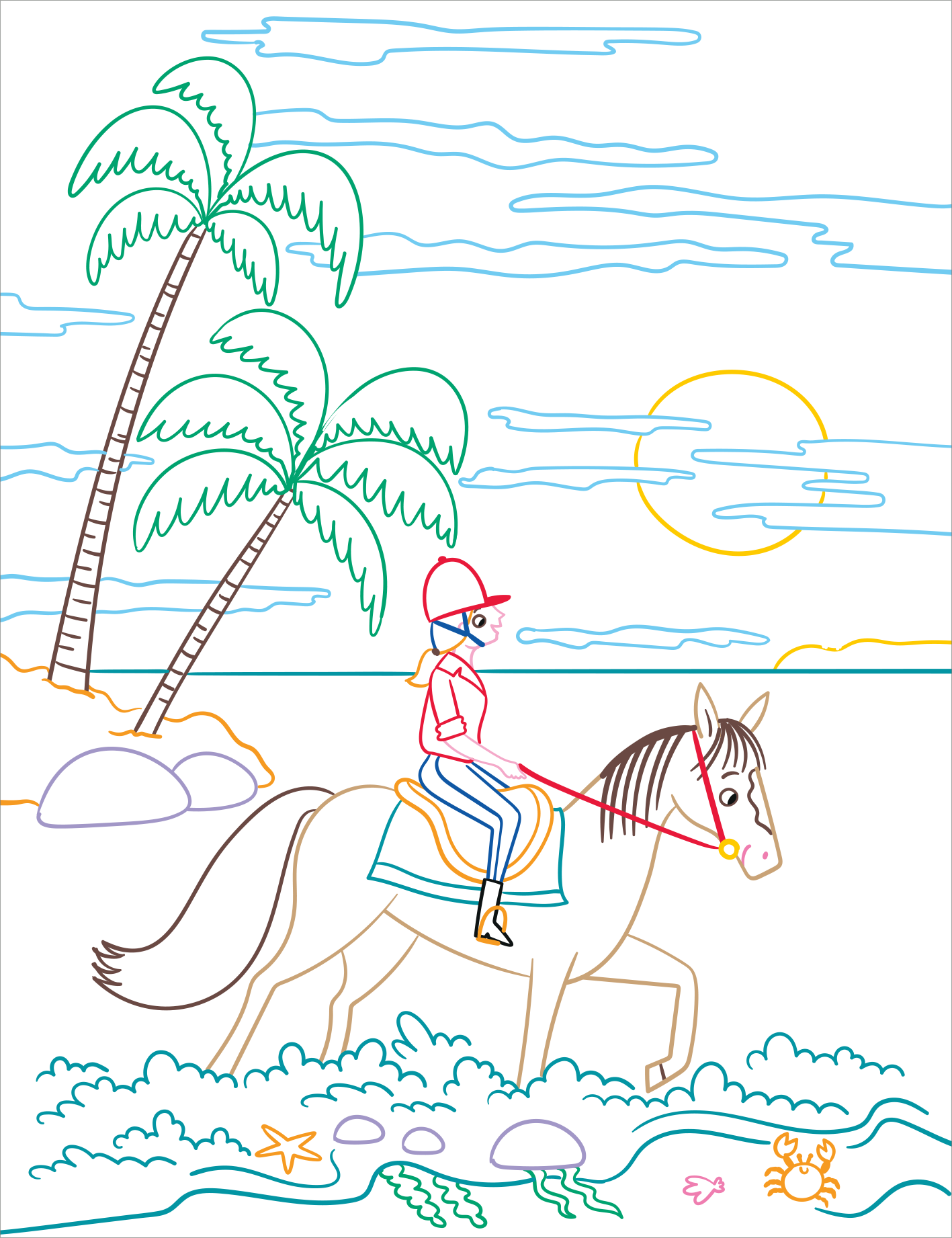 Gezeigt wird eine Innen- oder Zusatzansicht von „Zauberbilder – Pferde und Ponys“. Die Illustration zeigt eine Person auf einem Pferd, umgeben von Palmen und einem sonnigen Strand mit Wellen. Die Farben sind lebhaft und klar, vorwiegend in Grüntönen für die Palmen, Gelb für die Sonne und Blau für das Wasser.