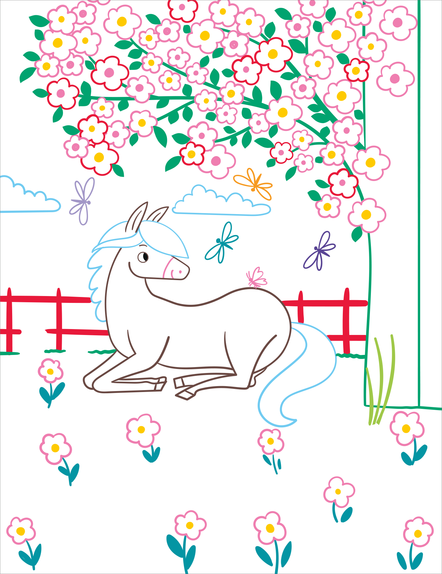 Gezeigt wird eine Innen- oder Zusatzansicht von „Zauberbilder – Pferde und Ponys“. Die Illustration zeigt ein liegendes, cartoonhaftes Pferd mit blauer Mähne, umgeben von bunten Blumen und Schmetterlingen. Im Hintergrund ist ein blühender Baum und ein Zaun in Rot zu sehen.