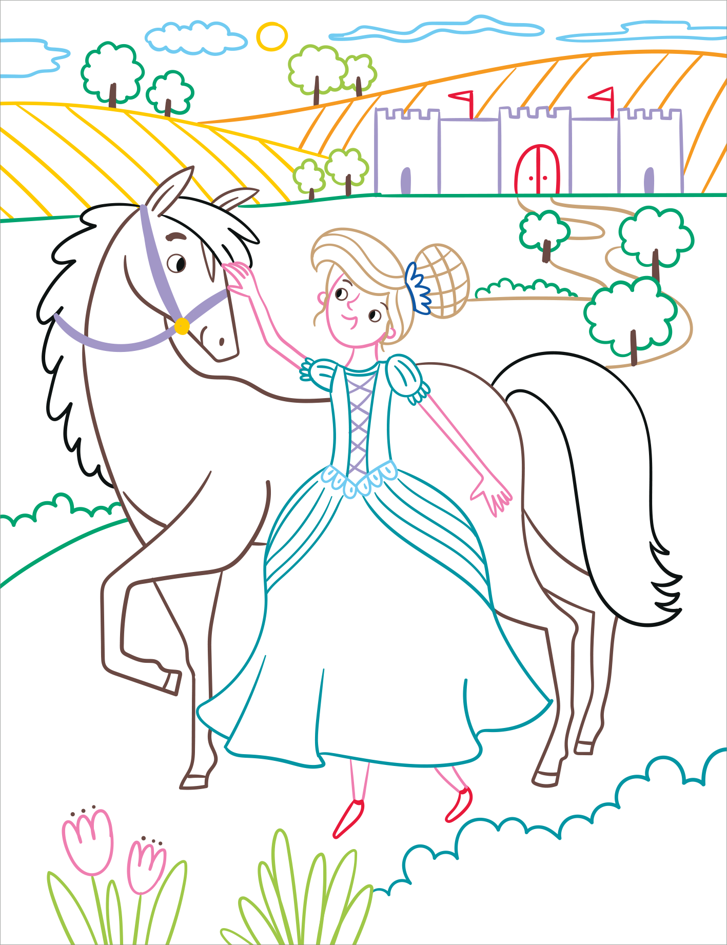Gezeigt wird eine Innen- oder Zusatzansicht von „Zauberbilder – Pferde und Ponys“. Die Illustration zeigt ein junges Mädchen in einem blauen Kleid, das ein Pferd streichelt. Im Hintergrund sind eine grüne Wiese, eine Burg mit roten Fahnen und stilisierte Bäume zu sehen. Die Farben sind hell und freundlich, der Zeichenstil ist klar und einfach, ideal für Kinder.