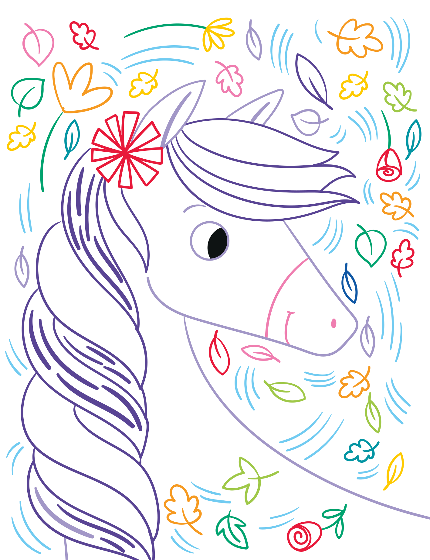 Gezeigt wird eine Innen- oder Zusatzansicht von „Zauberbilder – Pferde und Ponys“. Das Bild zeigt ein stilisiertes Pferd mit einer langen Mähne in verschiedenen Lila- und Blautönen. Es hat ein freundliches Gesicht mit einem großen schwarzen Auge und einer zart rosa Schnauze. Um das Einhorn herum schweben bunte Blätter und Blumen in Gelb, Rot, Grün und Blau, die dem Bild einen verspielten und fröhlichen Charakter verleihen.