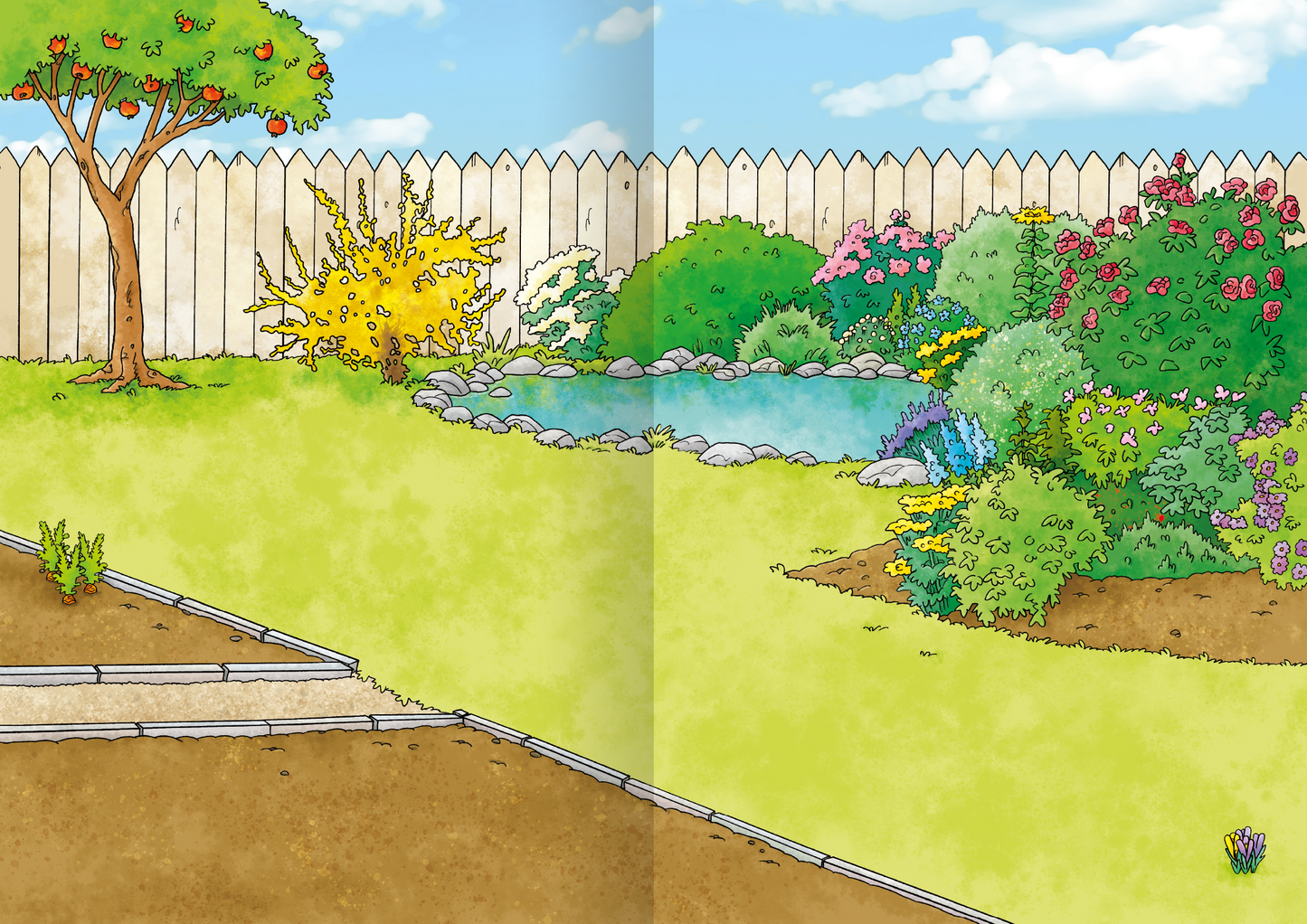 Gezeigt wird eine Innen- oder Zusatzansicht von „Mein Garten-Stickerheft“. Die Illustration zeigt eine farbenfrohe Gartenlandschaft mit einem Teich, umgeben von einer Vielzahl von Blumen und Sträuchern. Im Vordergrund sind gepflasterte Wege sichtbar, die in verschiedene Bereiche des Gartens führen. Die Farben sind hell und einladend, mit lebendigem Grün, erdigen Tönen und bunten Blüten. Die Schrift ist spielerisch und kindgerecht gestaltet.