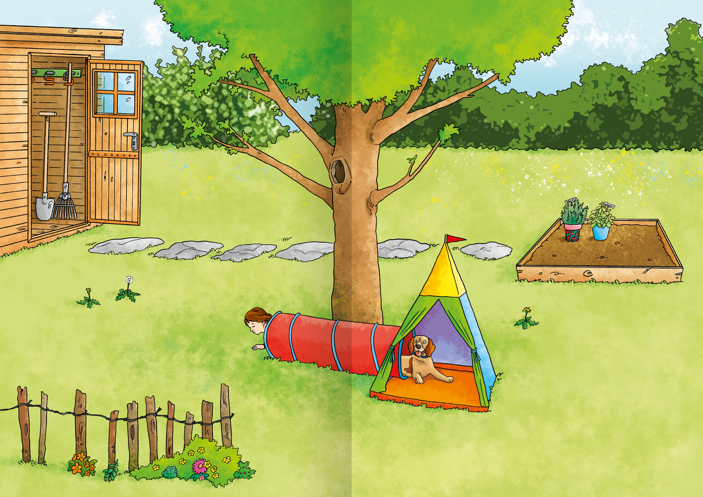 Gezeigt wird eine Innen- oder Zusatzansicht von „Mein Garten-Stickerheft“. Die Illustration zeigt eine lebendige Gartenszene mit einem großen, grünen Baum im Mittelpunkt. Darunter liegt ein bunter Spieltunnel und ein stabiles Zelt in Gelb, Blau und Grün, in dem ein Hund sitzt. Im Hintergrund sind ein Holzschuppen und eine gepflasterte Fußgängerzone sichtbar, während ein kleiner Gemüsebeet mit Töpfen darauf abgebildet ist. Die Farben sind hell und einladend, dieTypografie ist...