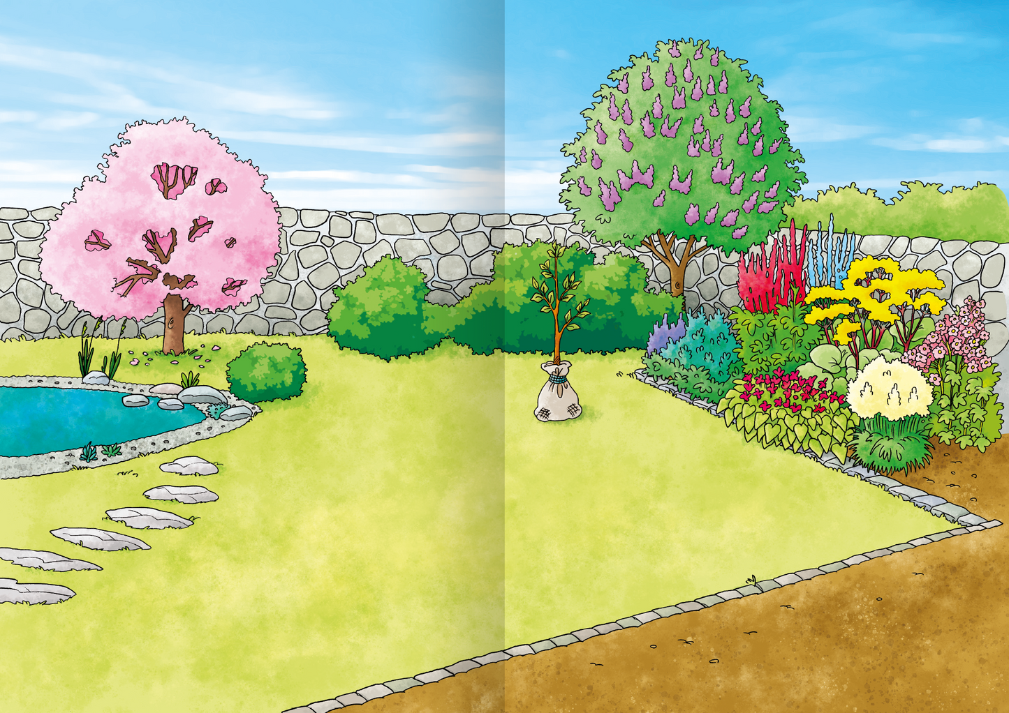 Gezeigt wird eine Innen- oder Zusatzansicht von „Mein Garten-Stickerheft“. Die Illustration zeigt eine helle und freundliche Gartenlandschaft mit einem runden Teich im Vordergrund, umgeben von großen Steinen. Auf der linken Seite blüht ein rosa Baum, während rechts verschiedene bunte Blumen und Sträucher in kräftigen Farben wie Grün, Gelb und Rot angeordnet sind. Der Himmel ist strahlend blau, was eine fröhliche und einladende Stimmung vermittelt. Die verwendete Schrift ist klar und...