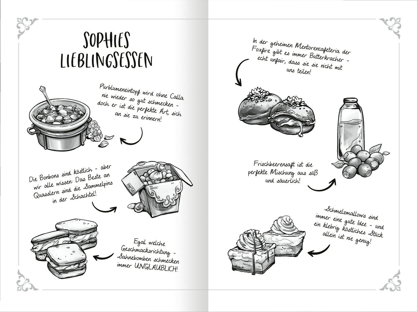 Gezeigt wird eine Innen- oder Zusatzansicht von „Keeper of the Lost Cities – Entschlüsselt (Band 8,5)“. Die Seite ist schwarz-weiß gehalten und zeigt verschiedene Lebensmittel. Oben links befindet sich eine Schüssel mit einer Suppe, darunter ein Sandwich mit einer Textbeschreibung. Unten rechts ist eine detaillierte Darstellung eines Desserts sichtbar. Die Überschrift „SOPHIES LIEBLINGSSESSEN“ ist in verspielter, handschriftlicher Typografie gestaltet. Pfeile weisen auf die...