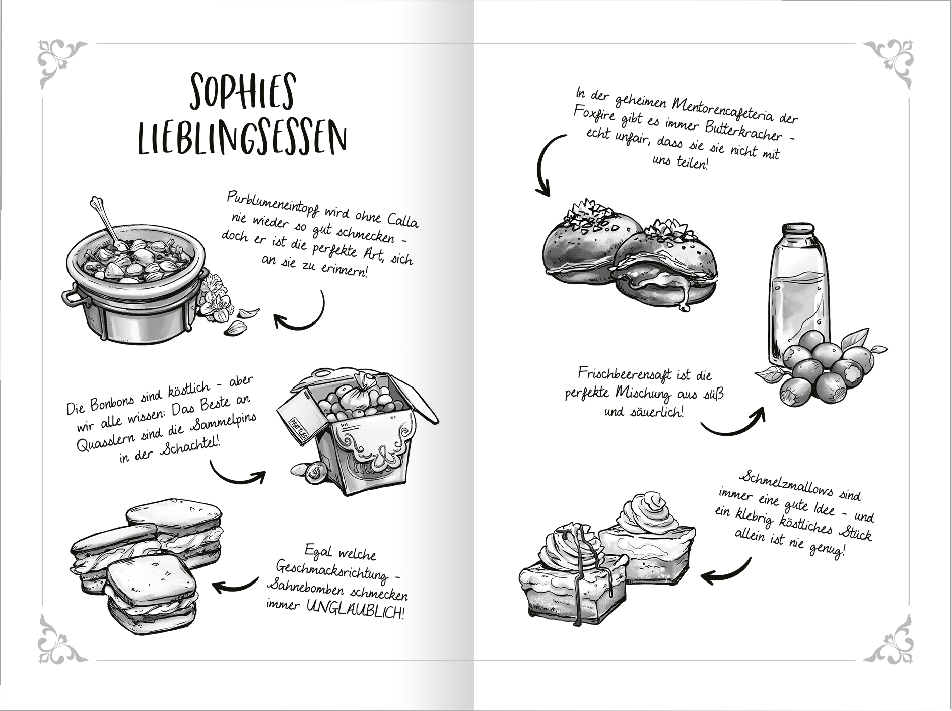 Gezeigt wird eine Innen- oder Zusatzansicht von „Keeper of the Lost Cities – Entschlüsselt (Band 8,5)“. Die Seite ist schwarz-weiß gehalten und zeigt verschiedene Lebensmittel. Oben links befindet sich eine Schüssel mit einer Suppe, darunter ein Sandwich mit einer Textbeschreibung. Unten rechts ist eine detaillierte Darstellung eines Desserts sichtbar. Die Überschrift „SOPHIES LIEBLINGSSESSEN“ ist in verspielter, handschriftlicher Typografie gestaltet. Pfeile weisen auf die...