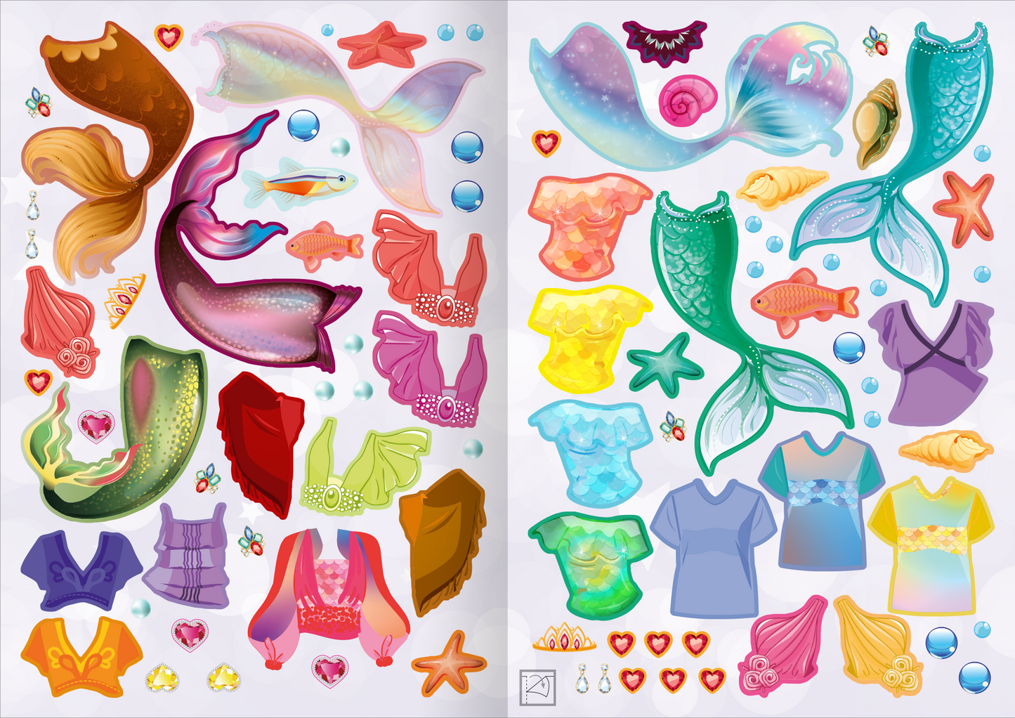 Gezeigt wird eine Innen- oder Zusatzansicht von „Sticker-Anziehpuppen Metallic – Meerjungfrauen“. Die Ansicht zeigt eine Vielzahl von bunten Stickern, darunter farbenfrohe Oberteile und Schwanzflossen. Die Farben variieren von intensivem Blau und Grün bis hin zu sanften Pastelltönen. Zudem sind maritime Elemente wie Muscheln und Diamanten abgebildet.