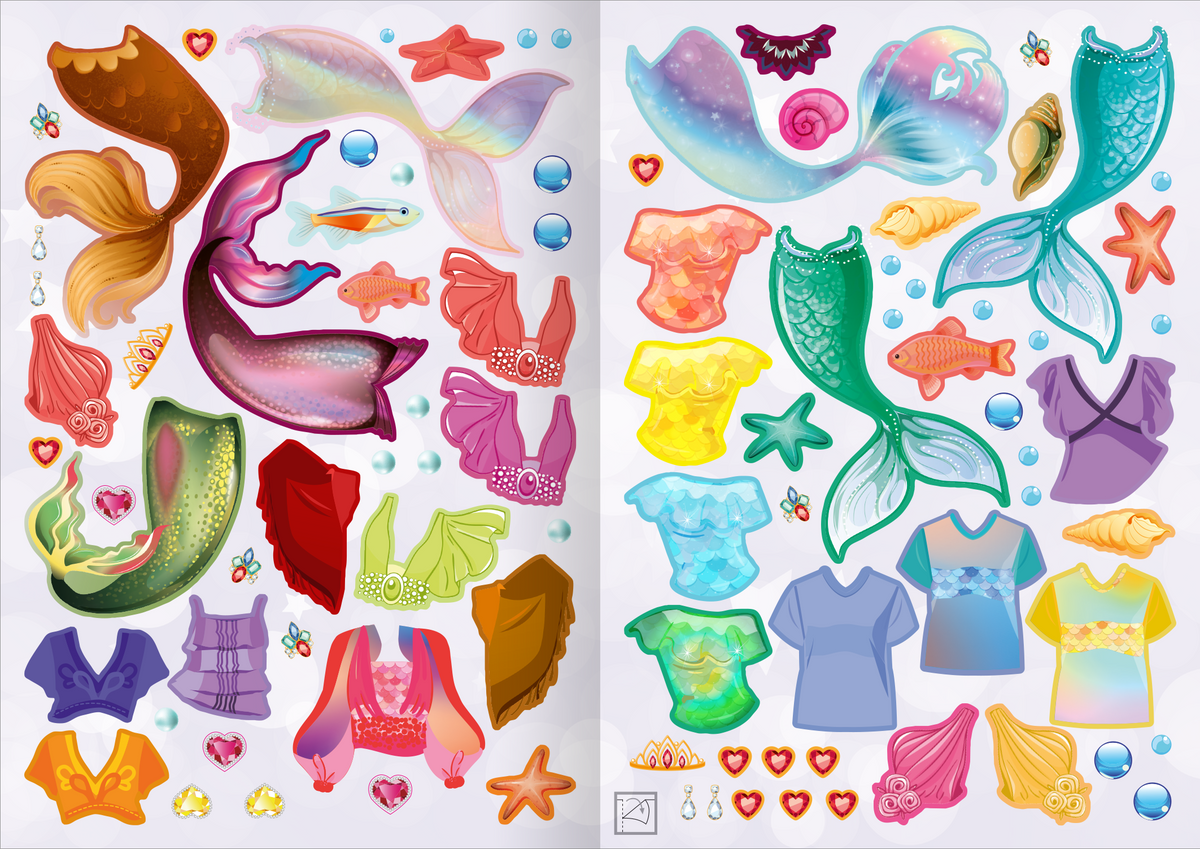 Gezeigt wird eine Innen- oder Zusatzansicht von „Sticker-Anziehpuppen Metallic – Meerjungfrauen“. Die Ansicht zeigt eine Vielzahl von bunten Stickern, darunter farbenfrohe Oberteile und Schwanzflossen. Die Farben variieren von intensivem Blau und Grün bis hin zu sanften Pastelltönen. Zudem sind maritime Elemente wie Muscheln und Diamanten abgebildet.