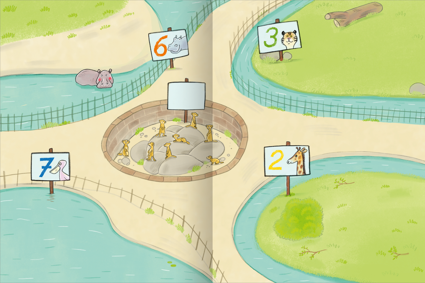 Gezeigt wird eine Innen- oder Zusatzansicht von „Stickern und Lernen – Erste Zahlen“. Die Illustration zeigt eine lebhafte Tierlandschaft mit mehreren Zonen, gekennzeichnet durch große, bunte Schilder mit den Ziffern 2, 3, 6 und 7. In der Mitte sind Steine, umgeben von fröhlichen Tieren, darunter ein Nilpferd und eine Giraffe. Sanfte, pastellfarbene Töne dominieren die Szenerie, mit hellgrünen Wiesen und blauem Wasser. Die Schrift ist deutlich und spielerisch gestaltet, was die Zahlen...