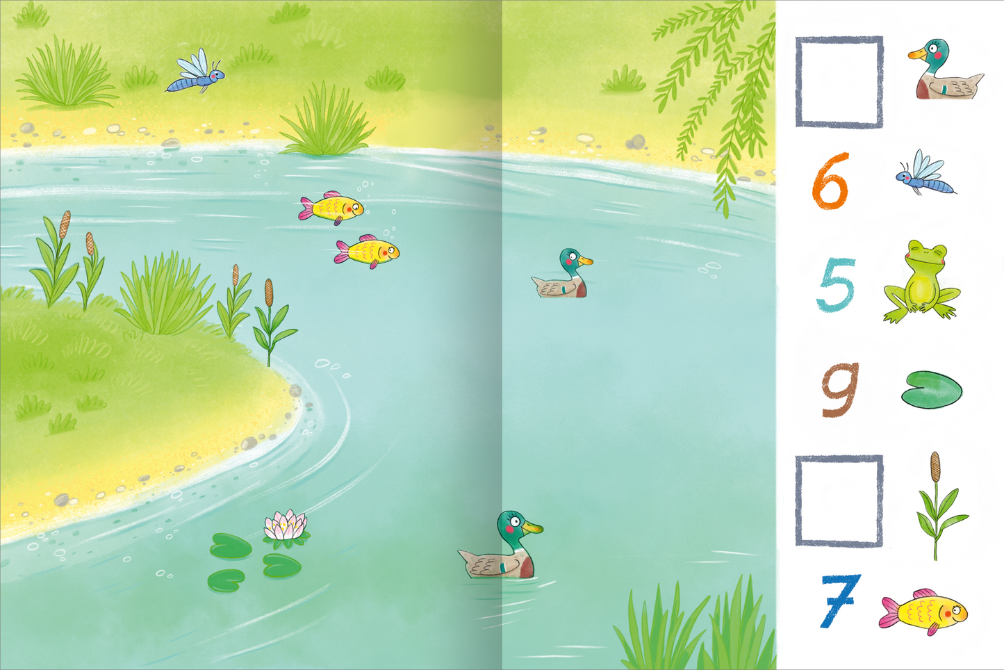 Gezeigt wird eine Innen- oder Zusatzansicht von „Stickern und Lernen – Erste Zahlen“. Die Abbildung zeigt einen ruhigen Teich mit bunten Fischen, Enten und Wasserpflanzen in sanften, hellen Farben. Die Szene ist umgeben von Grün- und Gelbtönen, die eine freundliche Atmosphäre schaffen. Rechts befinden sich nummerierte Kästchen in kräftigen Farben, die die Zahlen 5, 6, 7 und 9 darstellen, ergänzt durch einfache, kindgerechte Illustrationen.