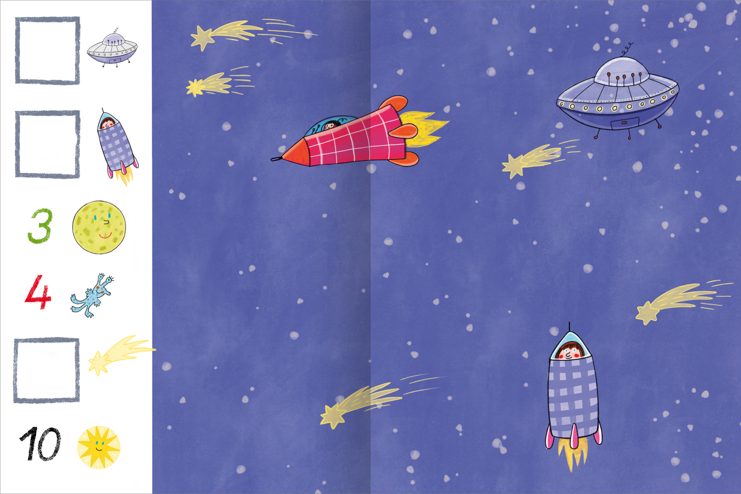 Gezeigt wird eine Innen- oder Zusatzansicht von „Stickern und Lernen – Erste Zahlen“. Die Illustration zeigt einen tiefblauen Hintergrund mit bunten Raketen und UFOs, die durch den Weltraum fliegen. Zu sehen sind auch gelbe Sterne und kleine Kometen, die in verschiedenen Richtungen fliegen. Auf der linken Seite befinden sich Kästchen zum Ausmalen, neben der Zahl „3“ in Rot, der Zahl „4“ in Grün und der Zahl „10“ in Gelb. Die kindgerechte, verspielte Typografie und lebhaften...
