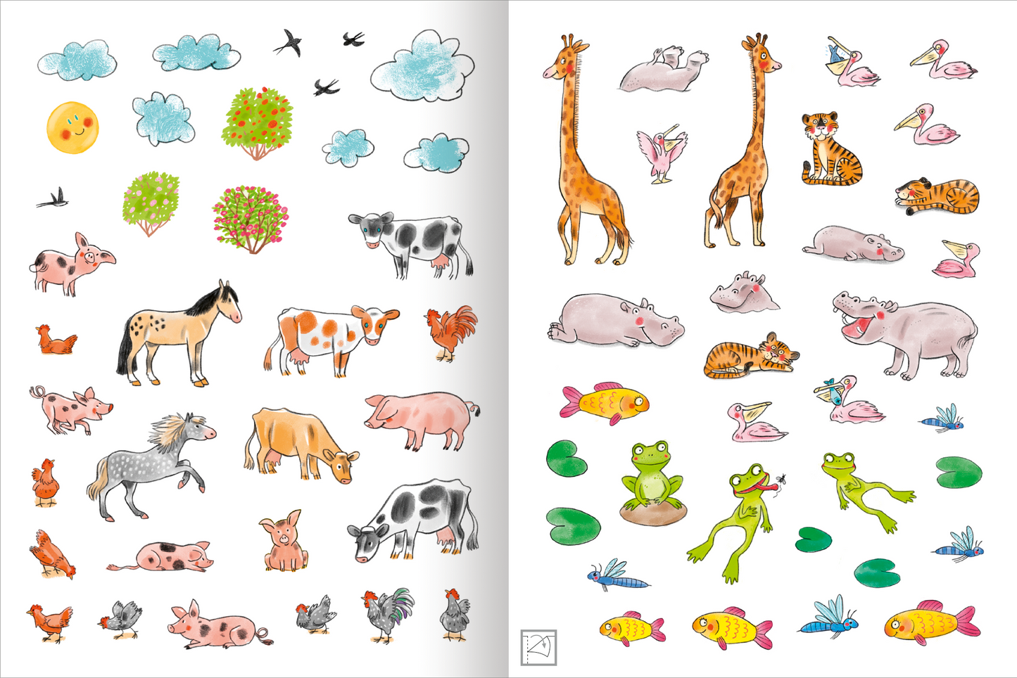 Gezeigt wird eine Innen- oder Zusatzansicht von „Stickern und Lernen – Erste Zahlen“. Auf der linken Seite sind bunte Tiere wie Kühe, Pferde und Hühner auf hellem Hintergrund dargestellt. Die Illustrationen sind kindgerecht und teils mit sanften Pastellfarben gestaltet. Auf der rechten Seite sind weitere Tiere sowie Fische und Frösche abgebildet, ebenfalls in lebendigen Farben. Die Schrift ist klar und gut lesbar, ohne überflüssige Verzierungen.