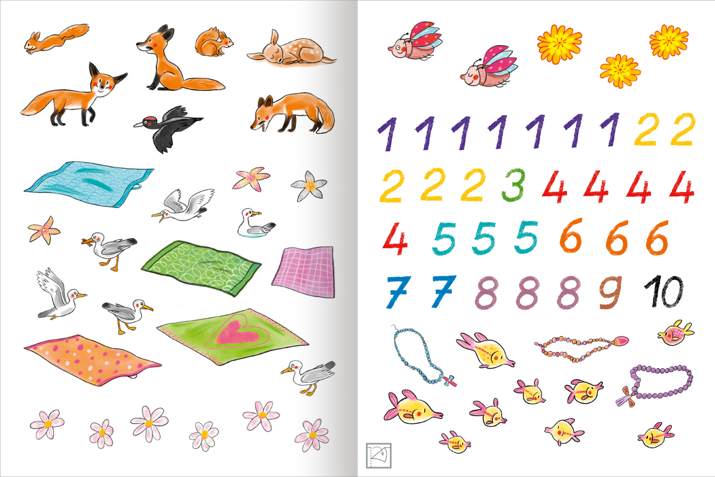 Gezeigt wird eine Innen- oder Zusatzansicht von „Stickern und Lernen – Erste Zahlen“. Auf der linken Seite sind bunte Illustrationen von Tieren, Blumen und Decken in sanften Farben zu sehen. Die rechte Seite präsentiert die Zahlen von 1 bis 10, wobei jede Zahl in lebhaften Farben gestaltet ist. Die Typografie ist groß und klar, was die Lesbarkeit unterstützt. Insgesamt vermittelt die Gestaltung eine fröhliche und ansprechende Lernatmosphäre.