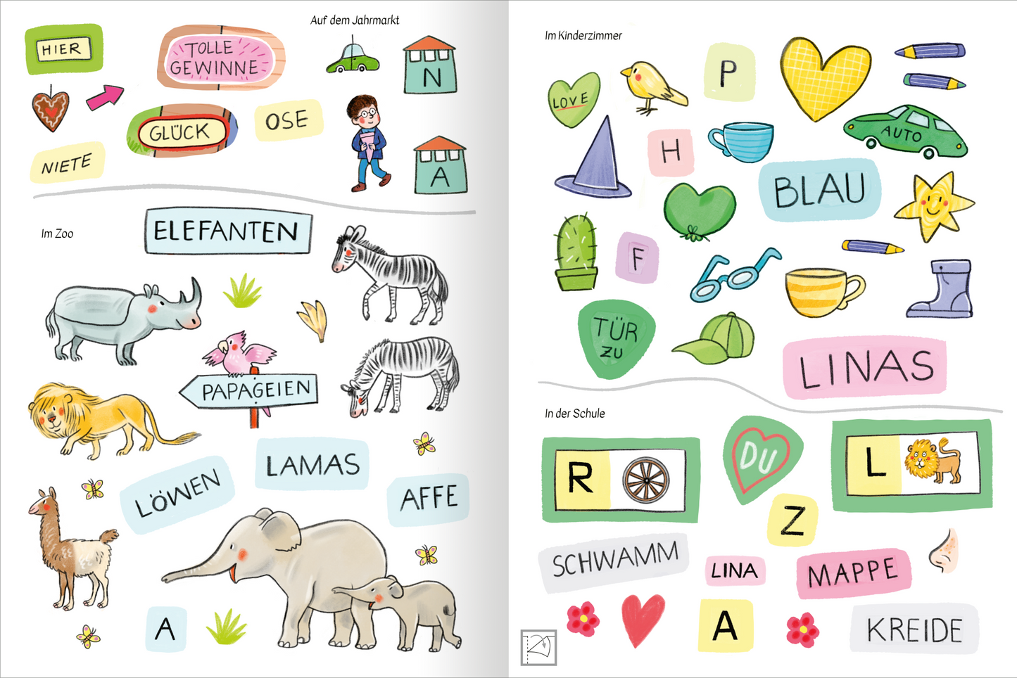 Gezeigt wird eine Innen- oder Zusatzansicht von „Stickern und Lernen – Großbuchstaben“. Die Seite ist hell und farbenfroh gestaltet. Vielfältige Aufkleber sind abgebildet, teilweise mit Illustrationen von Tieren wie Elefanten und Zebras. Links sind farbige Textfelder mit Wörtern wie „GLÜCK“ und „ELEFANTEN“ zu sehen. Rechts sind Aktivitäts- und Objekttypen wie „BLAU“ und „LINA“ in bunten Kästchen angeordnet. Die Schriftarten variieren zwischen serifenlosen und...