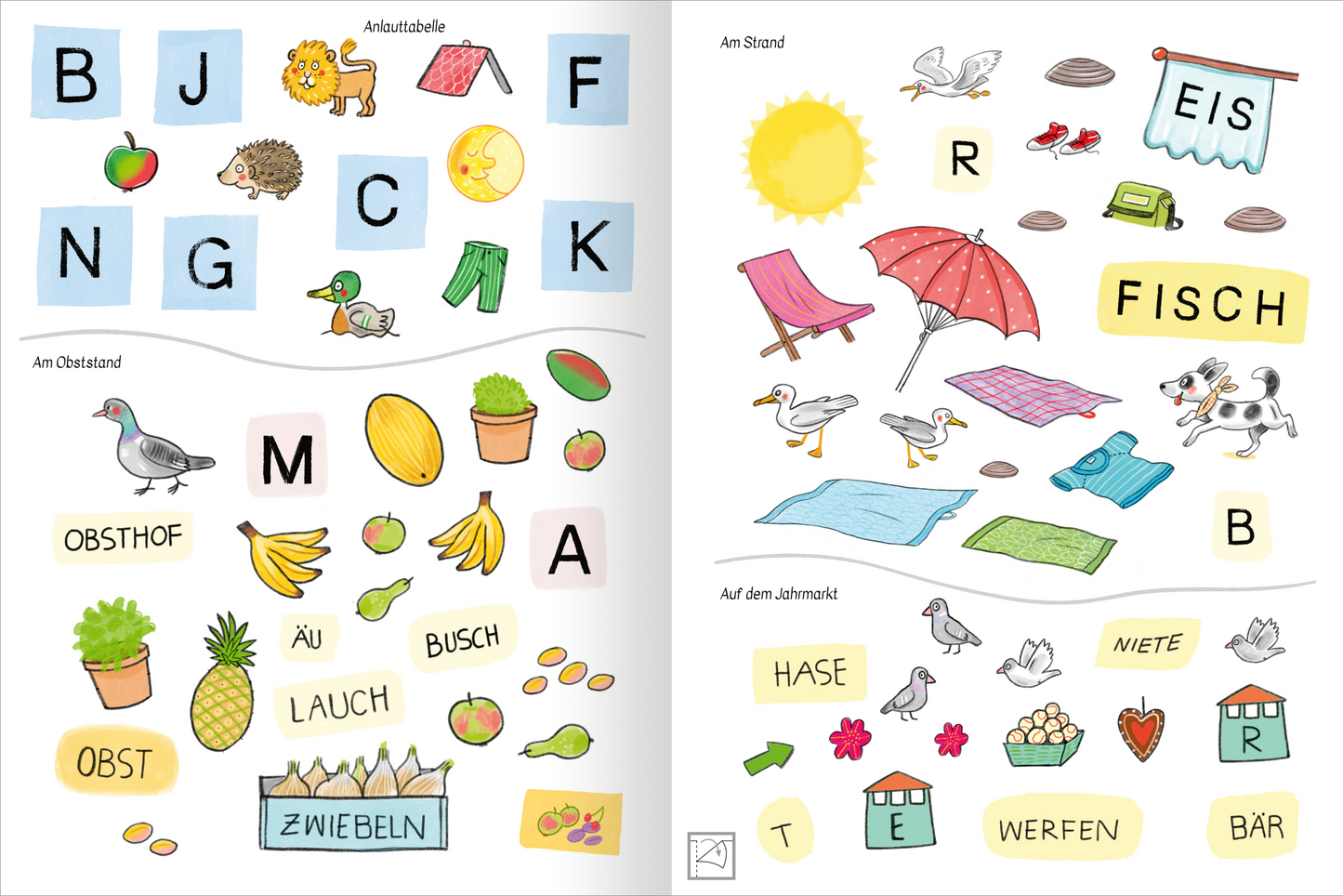 Gezeigt wird eine Innen- oder Zusatzansicht von „Stickern und Lernen – Großbuchstaben“. Die Seiten zeigen bunte Illustrationen mit großen Buchstaben und Zeichnungen von Tieren, Lebensmitteln und Gegenständen. Die Farben sind lebhaft, darunter Blau, Rot, Gelb und Grün. Die Typografie ist freundlich und klar, mit großen, leicht lesbaren Buchstaben auf hellen Hintergründen. Elemente wie Obst, ein Sonnenhut und verschiedene Objekte laden zum Entdecken und Lernen ein.