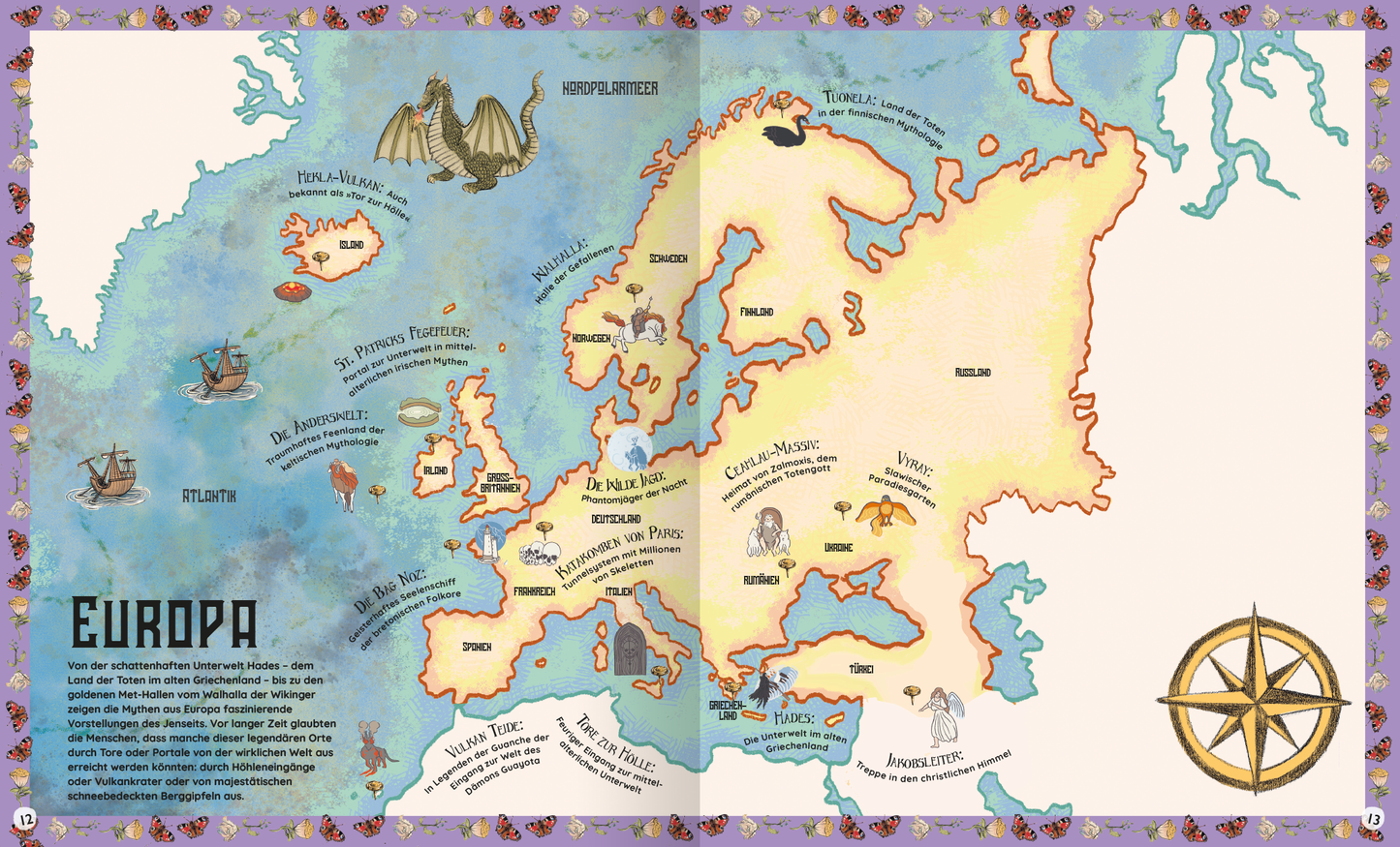 Gezeigt wird eine Innenansicht von „Atlas der verborgenen Welten“. Die Seite zeigt eine farbenfrohe, handgezeichnete Karte von Europa, eingebettet in sanfte Blautöne mit Aquarellakzenten. Zentrale Elemente sind die gezeichneten Länder, mythische Kreaturen und Seefahrzeuge, die die Abenteuer darstellen. Der Titel „EUROPA“ ist in einer verspielten, großen Schriftart gestaltet. Eine stilisierte Kompassrose rechts ergänzt das maritime Thema und bringt zusätzliches visuelles Interesse...