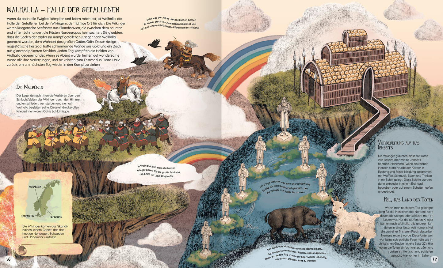 Gezeigt wird eine Innen- oder Zusatzansicht von „Atlas der verborgenen Welten“. Die Seite zeigt eine farbenfrohe, künstlerische Darstellung von Walhalla, umgeben von Wolken und einem Regenbogen. Verschiedene Figuren auf einem hügeligen Gelände interagieren mit mythologischen Tieren. Der Text ist in einer gut lesbaren, verspielten Typografie angeordnet und hebt zentrale Erzählstränge hervor. Die warmen und kühlen Farbtöne ergänzen die fantasievolle Szenerie und laden zum Entdecken...