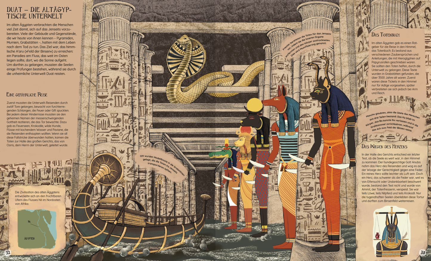 Gezeigt wird eine Innen- oder Zusatzansicht von „Atlas der verborgenen Welten“. Die Illustration präsentiert die altägyptische Unterwelt, umgeben von säulenartigen Strukturen und Hieroglyphen. Zentrale Figuren sind prächtig gekleidete Gottheiten, die in leuchtenden Farben wie Rot, Gold und Blau dargestellt sind. Ein Boot ist am unteren Rand zu sehen, während ein kunstvoll gestalteter Schild im rechten Bereich Informationen bietet. Die Typografie ist klar und gut lesbar, um die Inhalte...