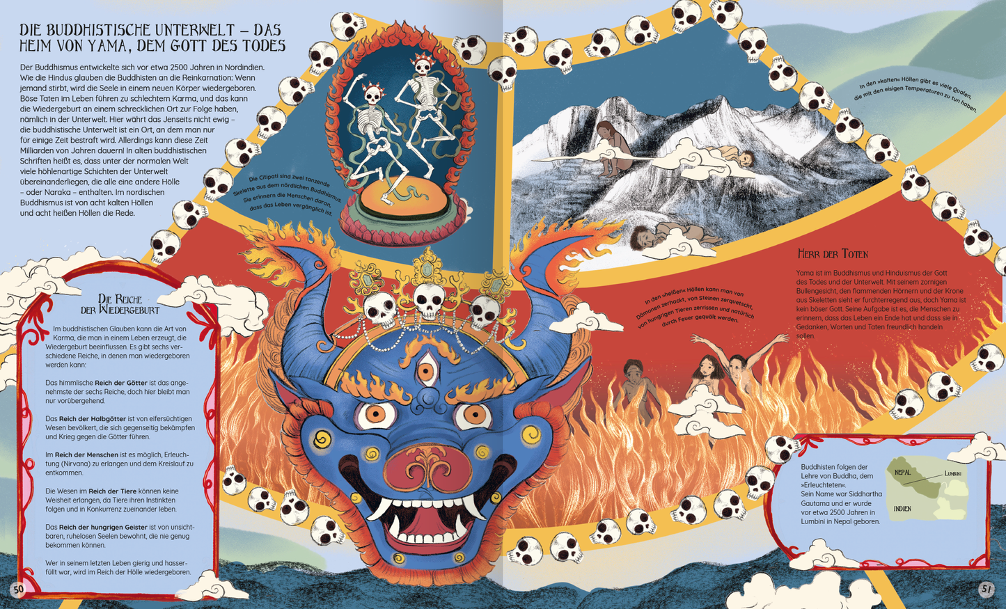 Gezeigt wird eine Innen- oder Zusatzansicht von „Atlas der verborgenen Welten“. Die Illustration zeigt eine lebendige Darstellung des buddhistischen Unterweltmotivs mit kräftigen Farben wie Rot, Blau und Gold. Im Zentrum ist ein bedrohlicher, stilisierter Kopf eines Löwen mit leuchtenden Augen. Rundherum sind symbolische Darstellungen und Details, die die Thematik des Todes und der Wiedergeburt thematisieren. Die Typografie ist gut lesbar und informiert über die verschiedenen Elemente...