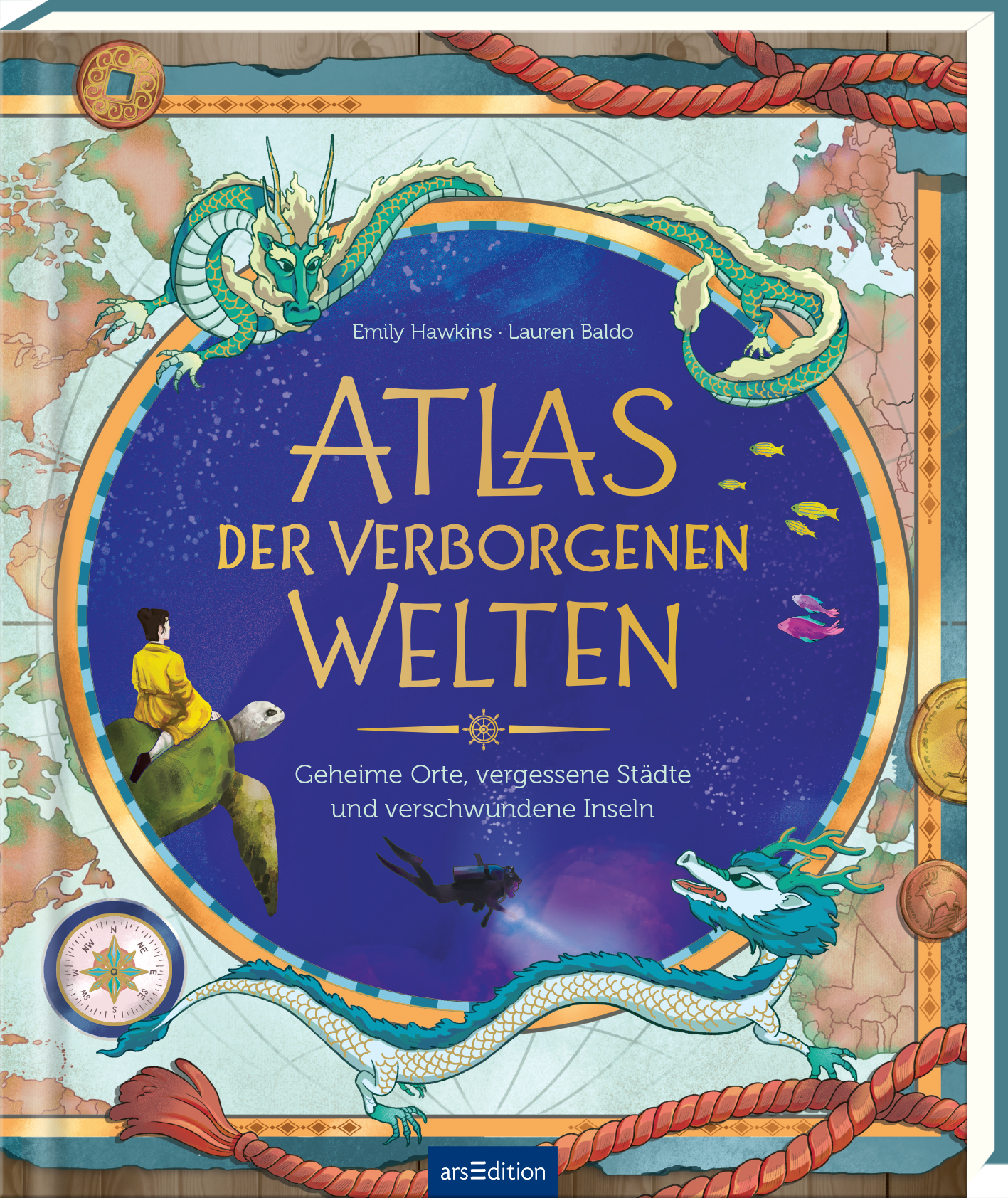 Das Buchcover zeigt einen stilisierten Atlas im Mittelpunkt, umgeben von illustrierten Meeres- und Luftwesen, darunter ein Drache und diverse Fische. Die dominierenden Farben sind ein tiefes Blau, pastellgrün und goldene Akzente. Der Titel „ATLAS DER VERBORGEBENEN WELTEN“ ist in großen, verschnörkelten Buchstaben in Goldschrift prominent platziert. Unter dem Titel befindet sich der Untertitel „Geheime Orte, vergessene Städte und verschwundene Inseln“. Kein SPIEGEL-Bestseller-Button...