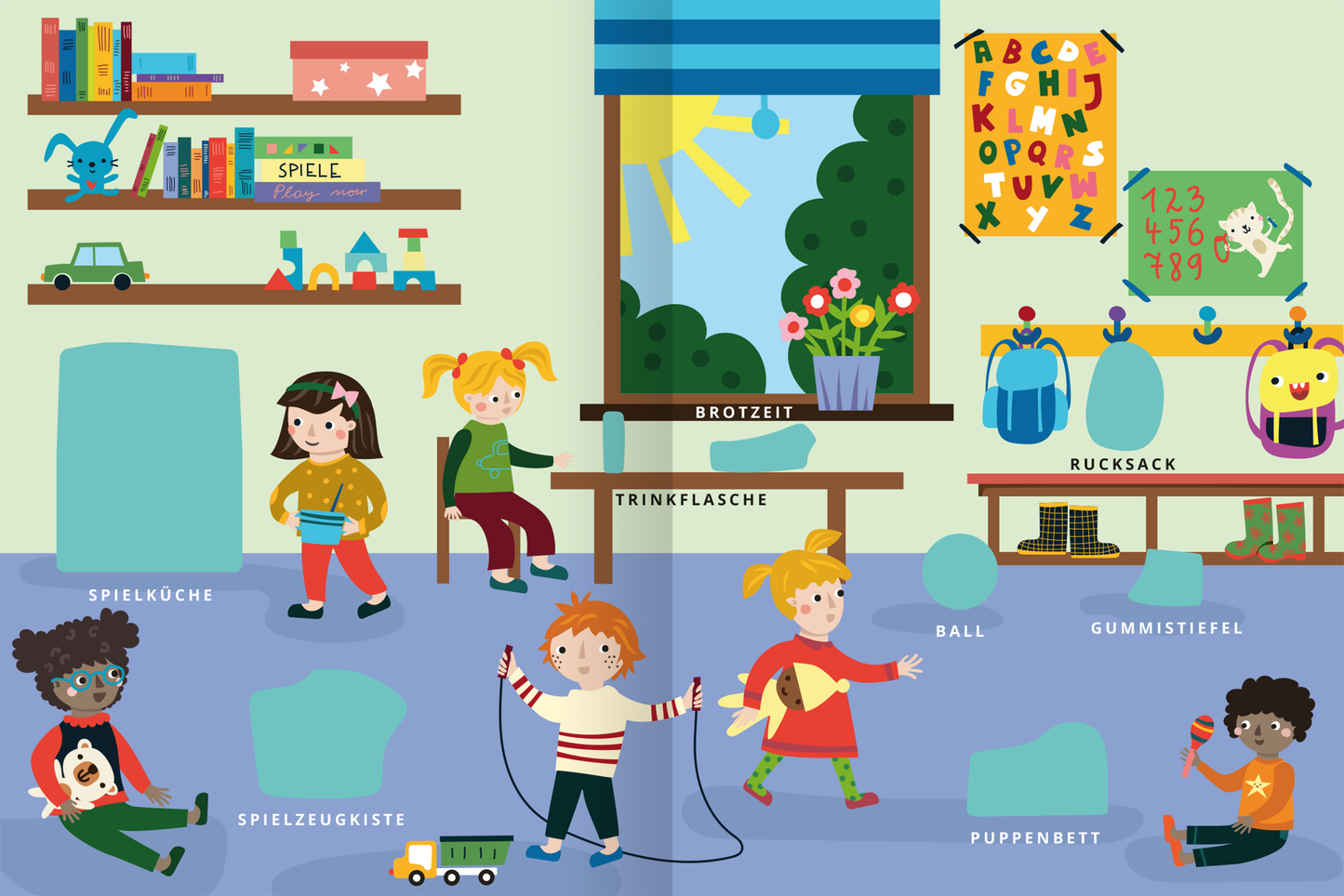 Gezeigt wird eine Innen- oder Zusatzansicht von „Mein erstes Sticker-Bilderlexikon – Meine Welt“. Die Illustration zeigt einen farbenfrohen Raum mit einem Fenster, das Tageslicht hereinlässt. Kinder spielen mit verschiedenen Spielsachen, einschließlich einer Spielküche und einem Puppenbett. Bunte Regale sind mit Büchern und Spielzeug gefüllt. Die Schrift ist in klaren, großen Buchstaben gehalten, und die dominierenden Farben sind Blau, Grün, Gelb und Rot, die eine freundliche...