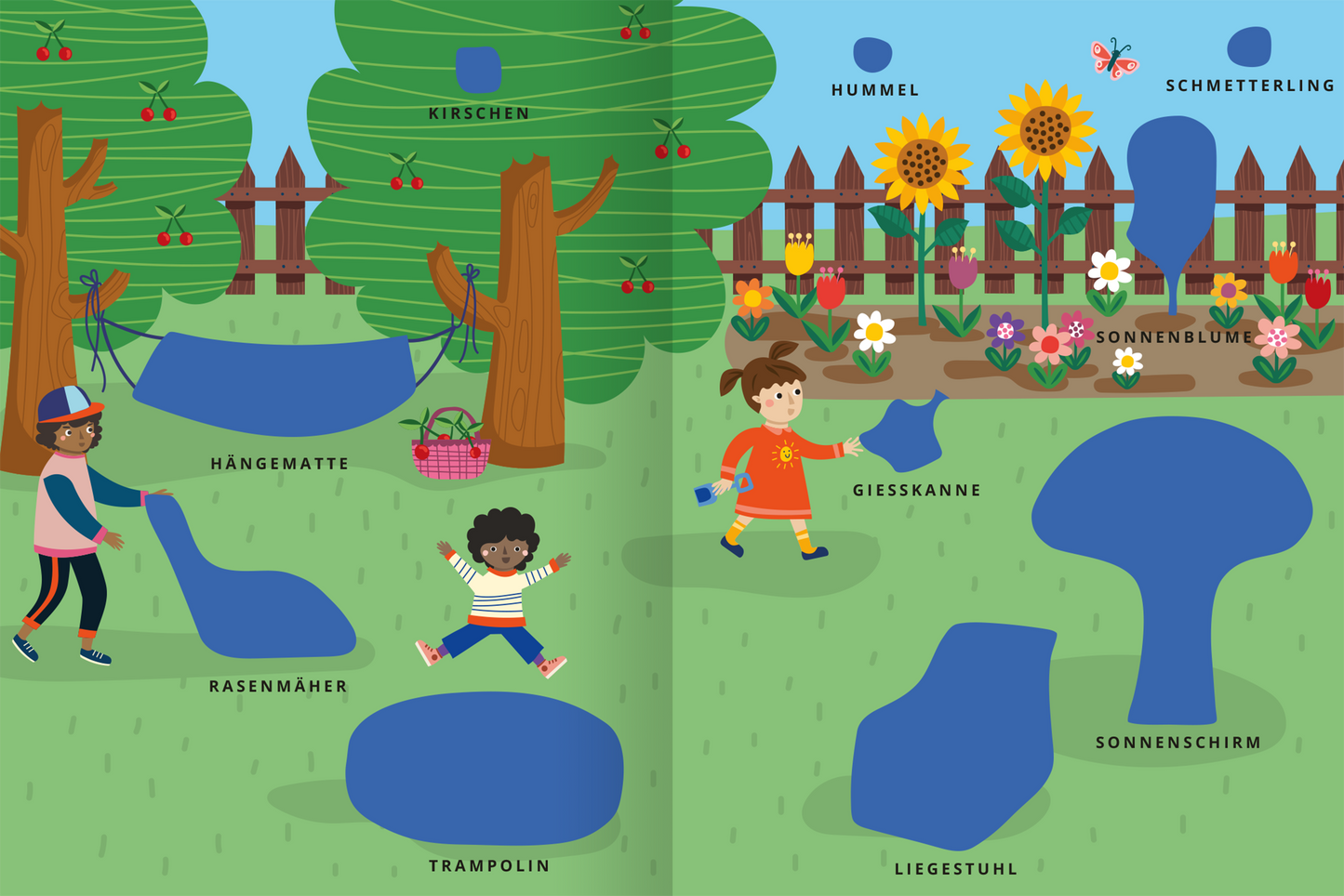 Gezeigt wird eine Innen- oder Zusatzansicht von „Mein erstes Sticker-Bilderlexikon – Meine Welt“. Auf der Doppelseite sind leuchtend grüne Bäume mit roten Kirschen zu sehen. Kinder spielen im Garten, umgeben von bunten Gegenständen wie einer Hängematte, einem Rasenmäher, einem Trampolin und einer Gießkanne. Die Farben sind freundlich und hell, mit markanten Illustrationen. Die Typografie ist spielerisch und klar, ergänzt durch Zeichnungen von Sonneblumen, einem Liegestuhl und einem...